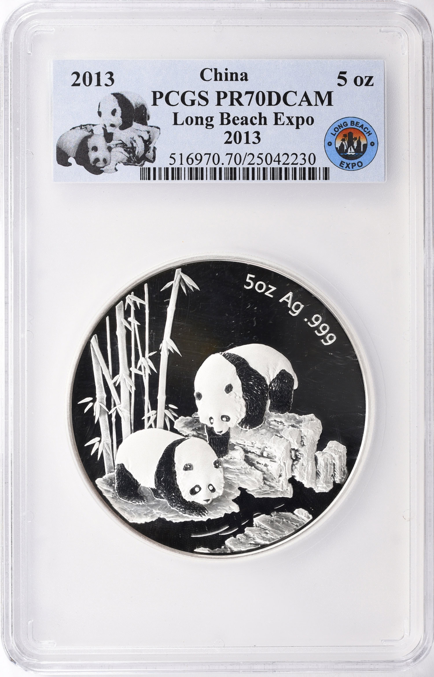 China 2013 Silver 5oz Long Beach Expo Panda Medal PCGS Proof-70