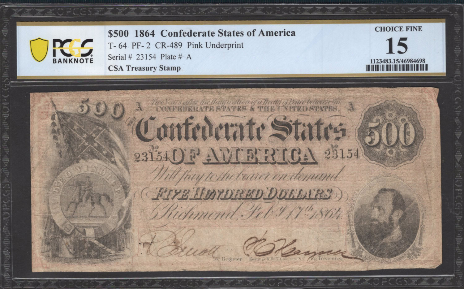T. 64 Confederate States of America 1864 $500 Note PCGS Banknote Choice ...
