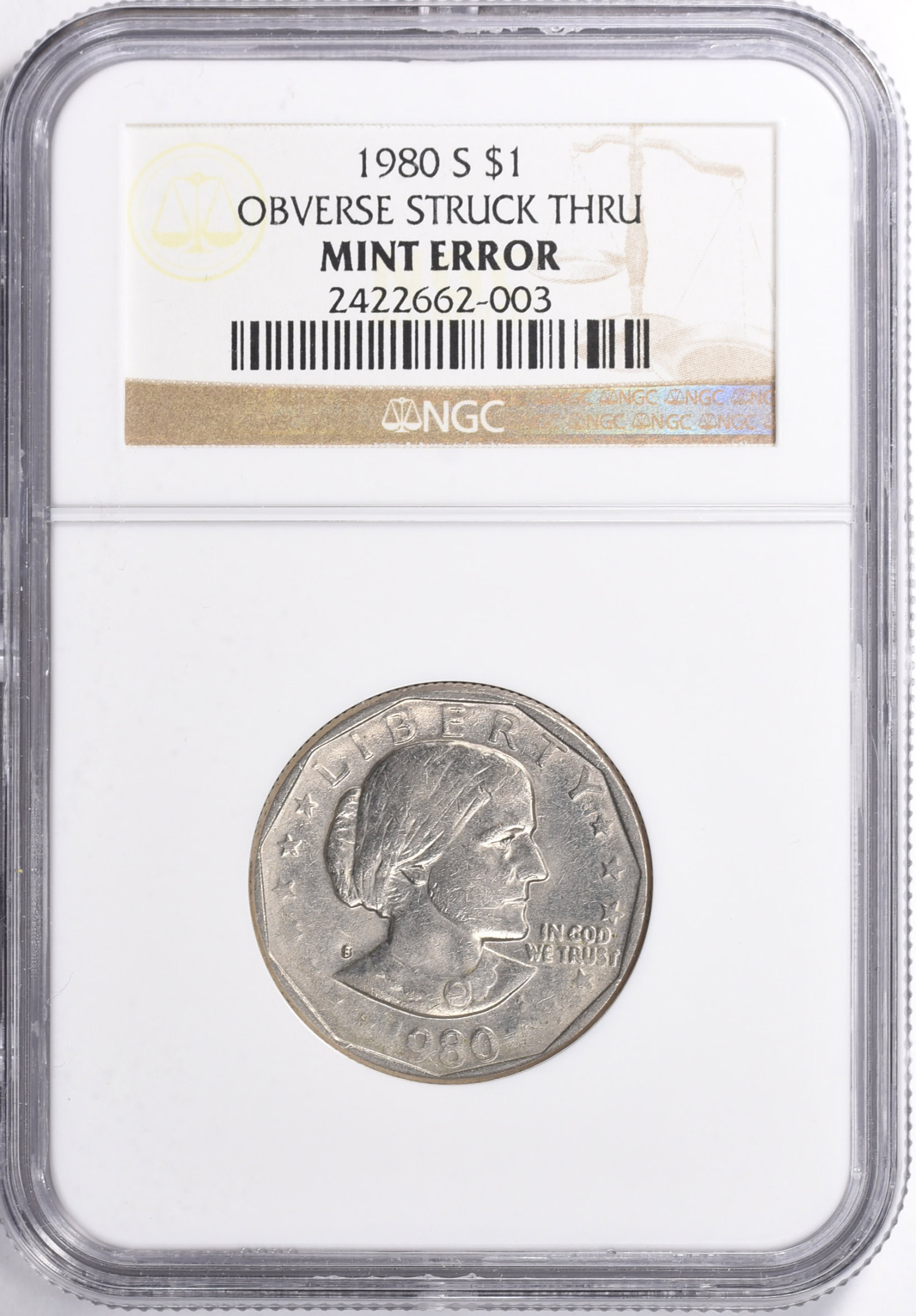 Mint Error 1980-S $1 Susan B. Anthony Obverse Struck Thru NGC | NGC ...