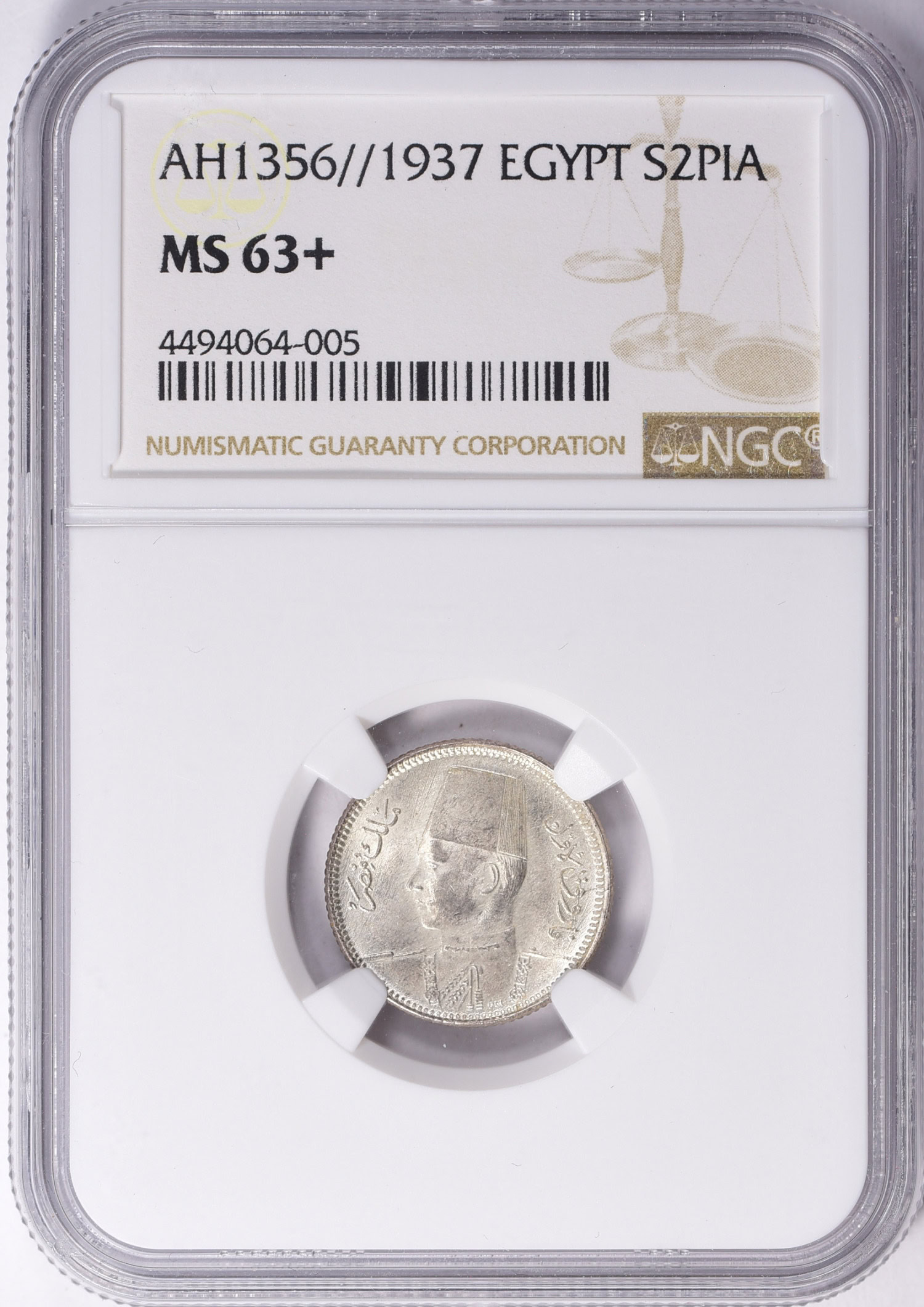 Egypt AH 1356 (1937) Silver 2 Piastres KM-365 NGC MS-63+ (Item