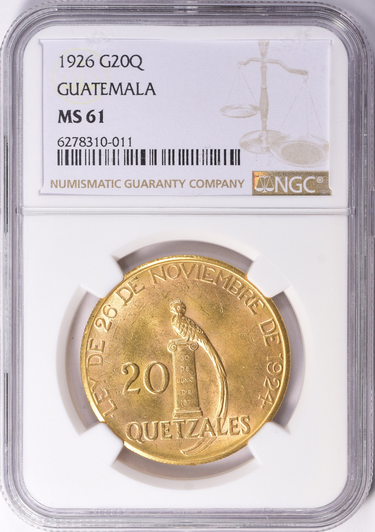 Guatemala 1926 Gold 20 Quetzales KM-246 NGC MS-61 (AGW = 0.9675 oz