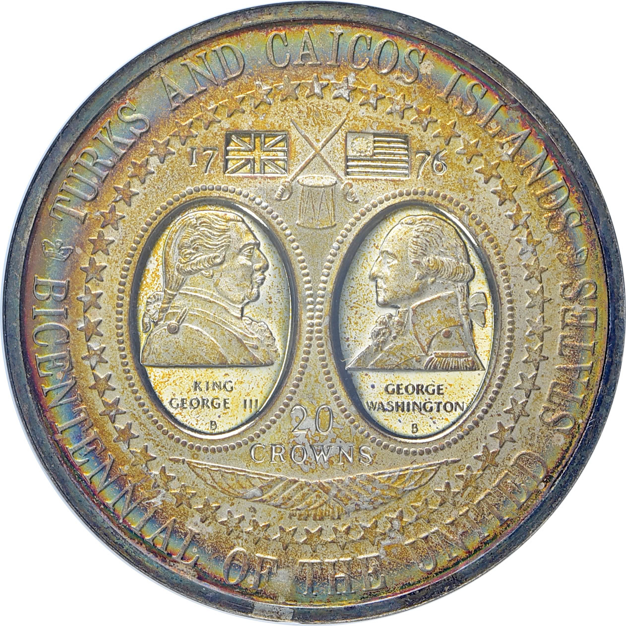 Turks & Caicos Islands 1976 Silver 20 Crowns U.S. Bicentennial KM