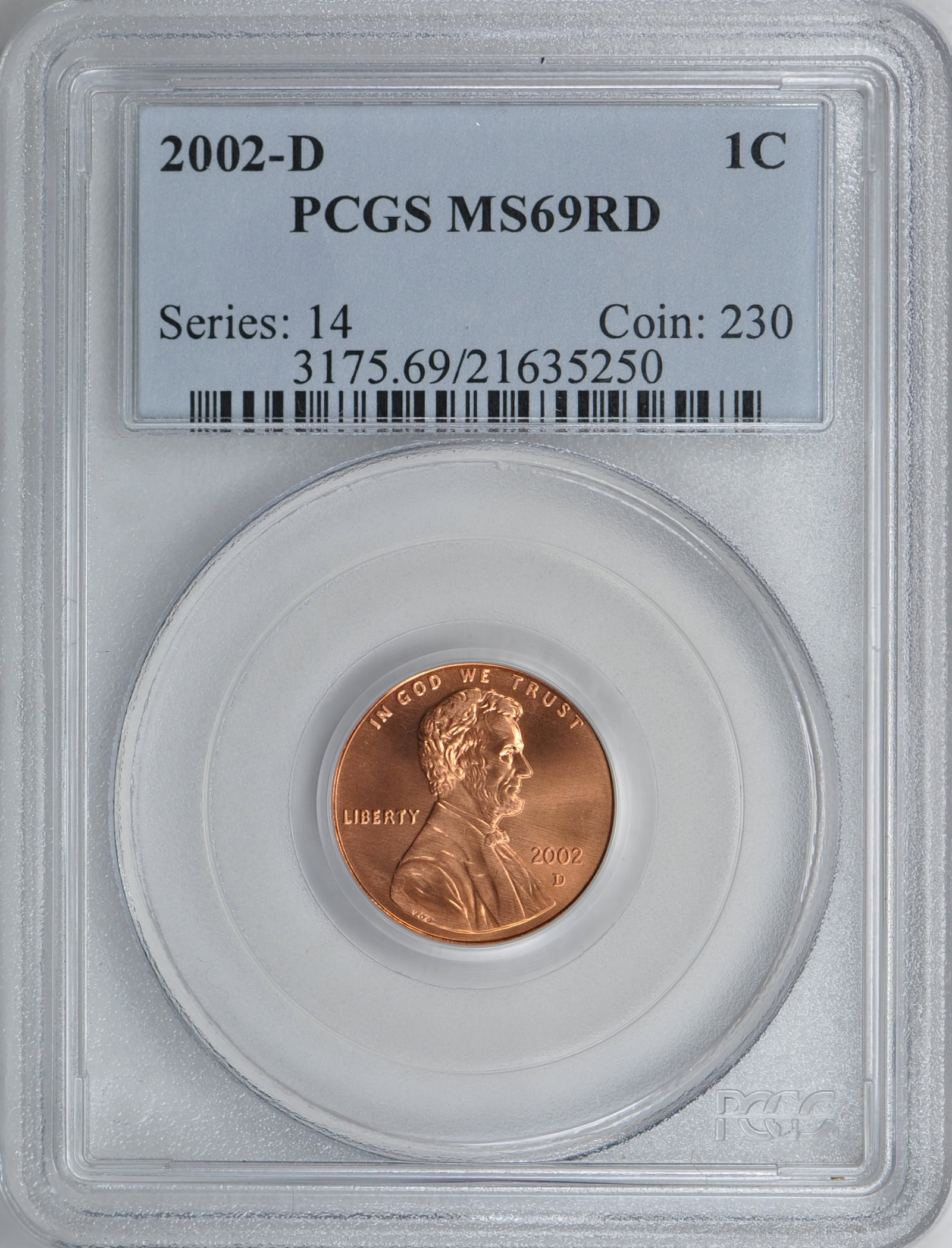 2002-D Lincoln Cent PCGS MS-69 RD (Item 139143) | GreatCollections