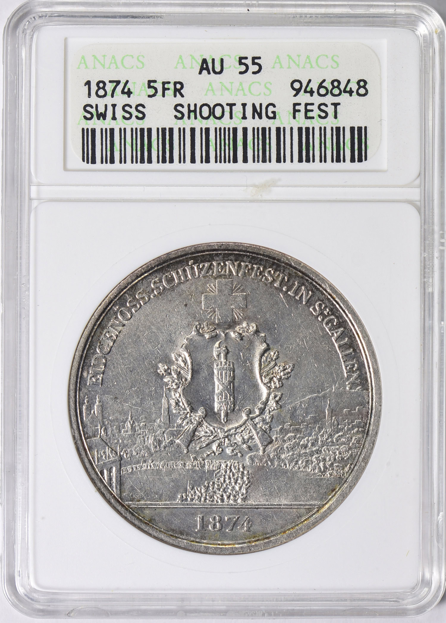 Switzerland 1874 Silver St. Gallen Shooting Festival 5 Francs KM