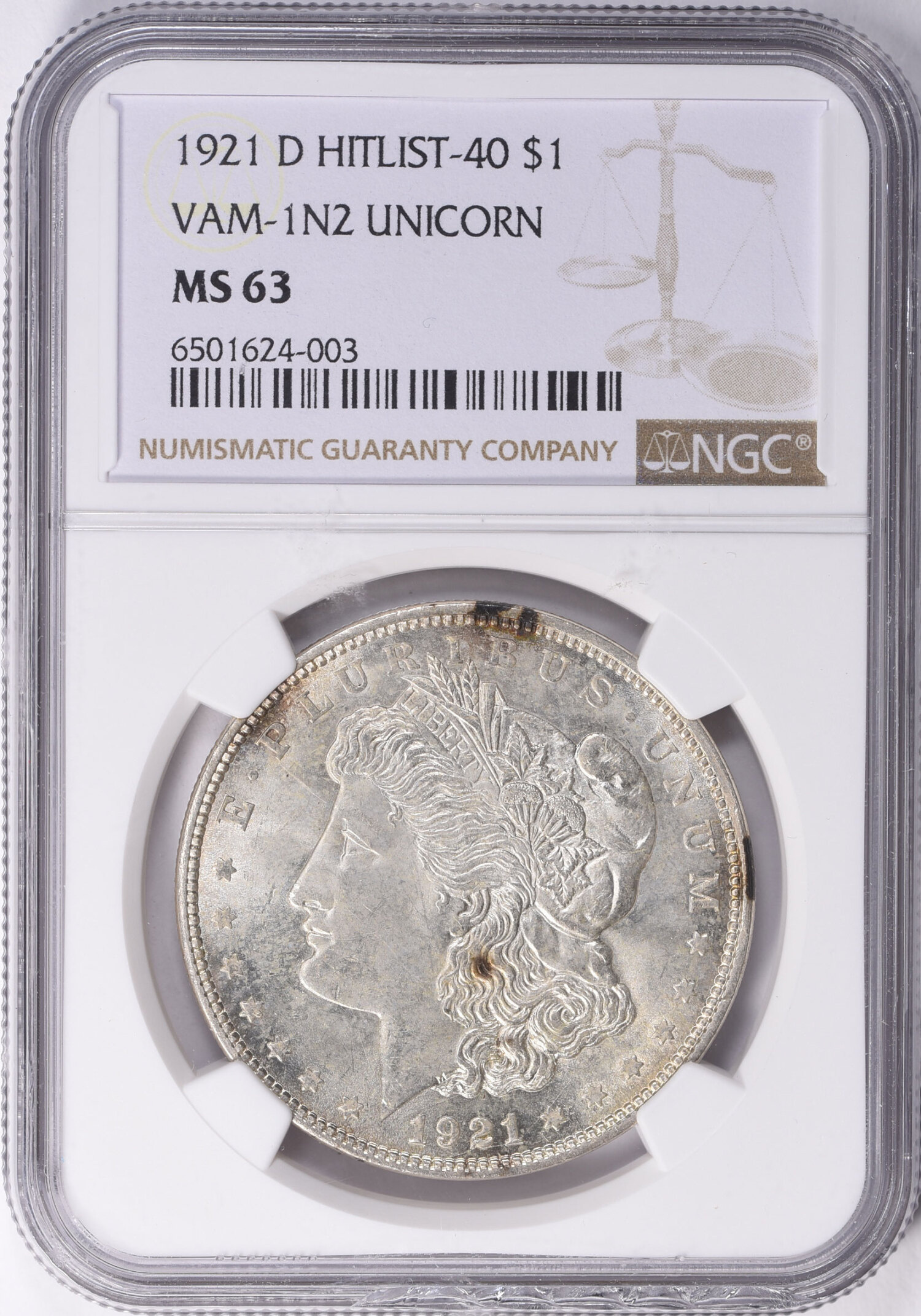 1921-D Morgan Silver Dollar VAM-1N2 Unicorn Hitlist 40 NGC MS-63