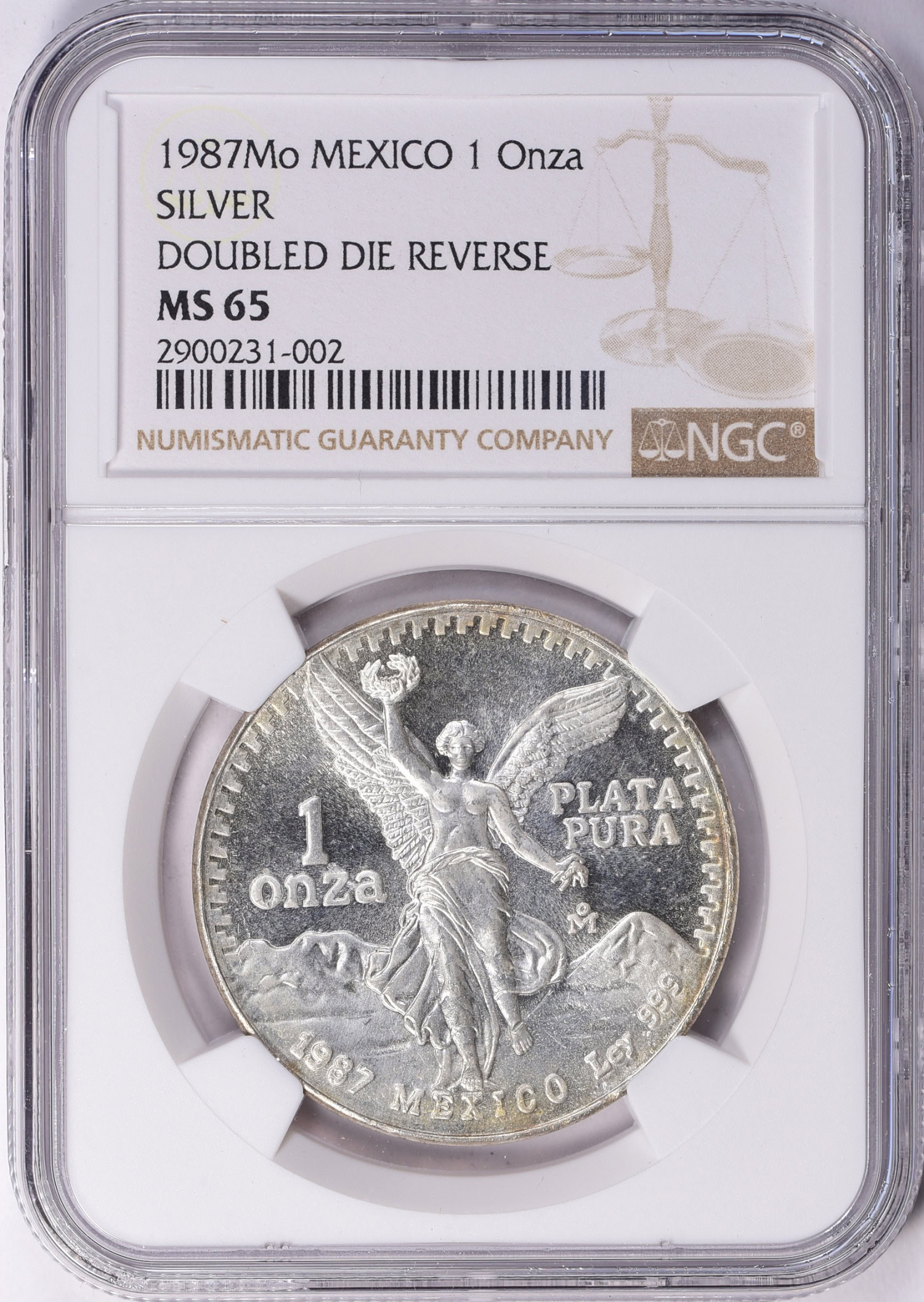 Mexico 1987-Mo Silver Onza Libertad Doubled Die Reverse KM-494.1