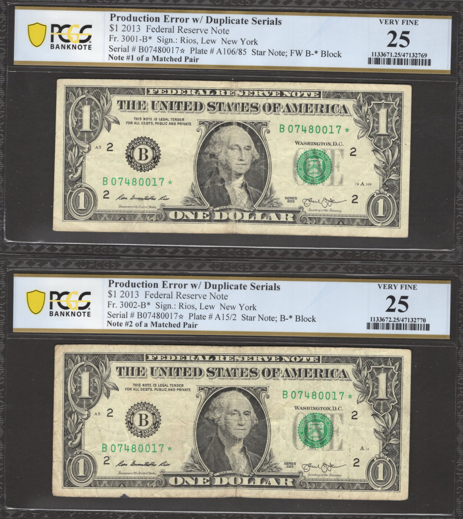 Fr. 3001B★ & 3002B★ 1 New York Federal Reserve Error Star Note Pair