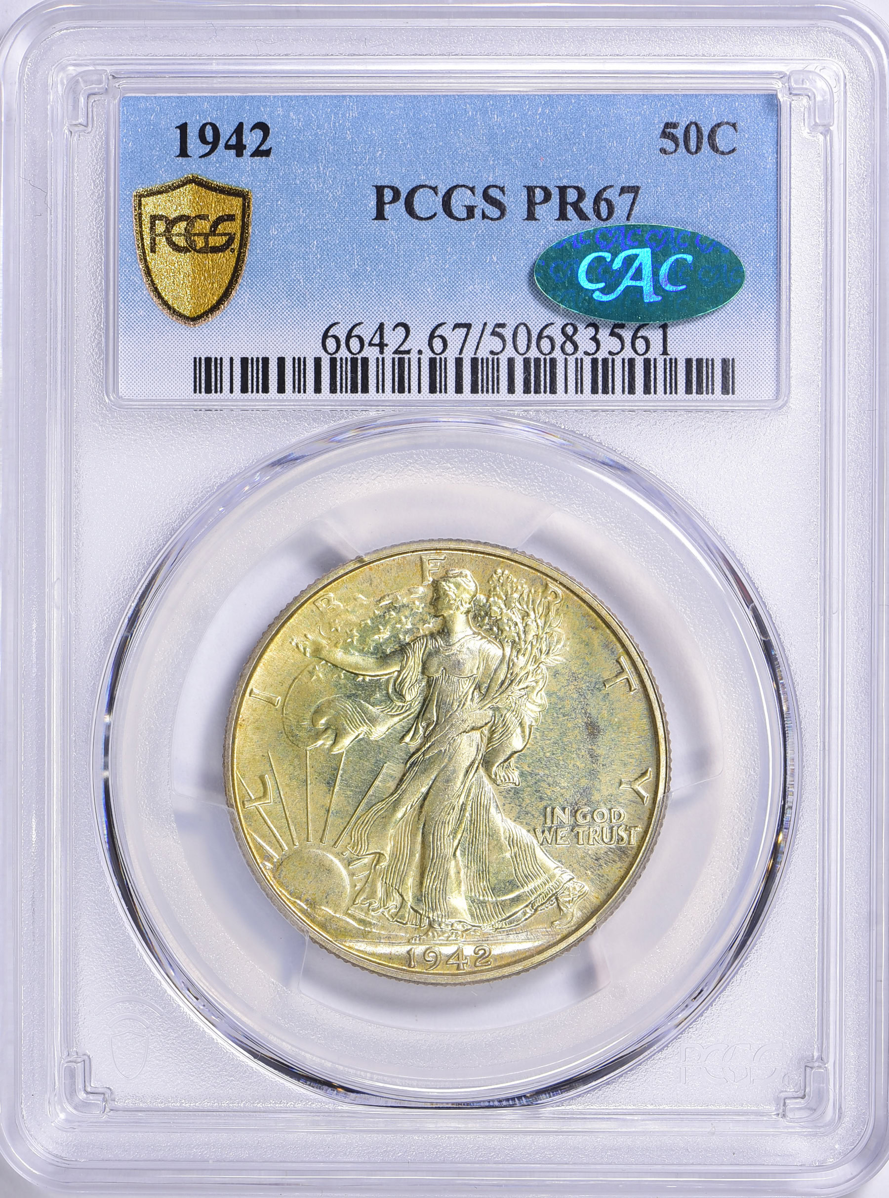 1942 Walking Liberty Half Dollar PCGS Proof-67 (CAC Green) (Toned ...