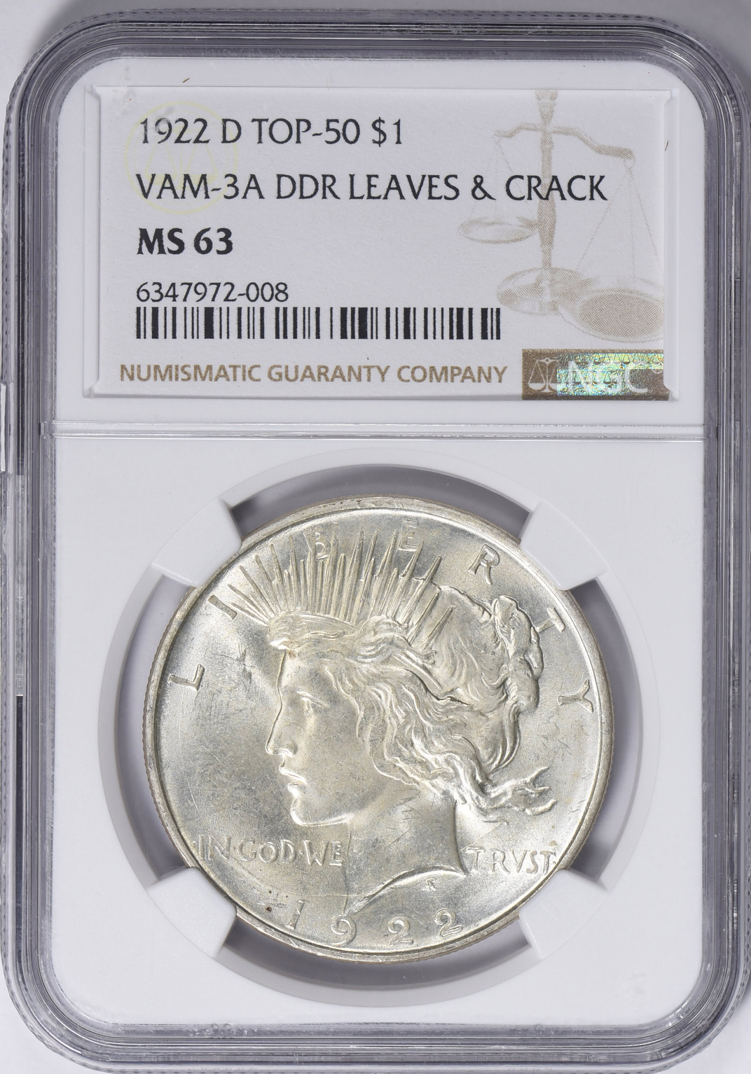 1922-D Peace Silver Dollar VAM-3A DDR Leaves & Crack Top 50 NGC MS