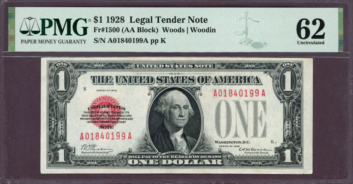 Fr. 1500 (AA Block) 1928 $1 Legal Tender Note Woods / Woodin PMG ...
