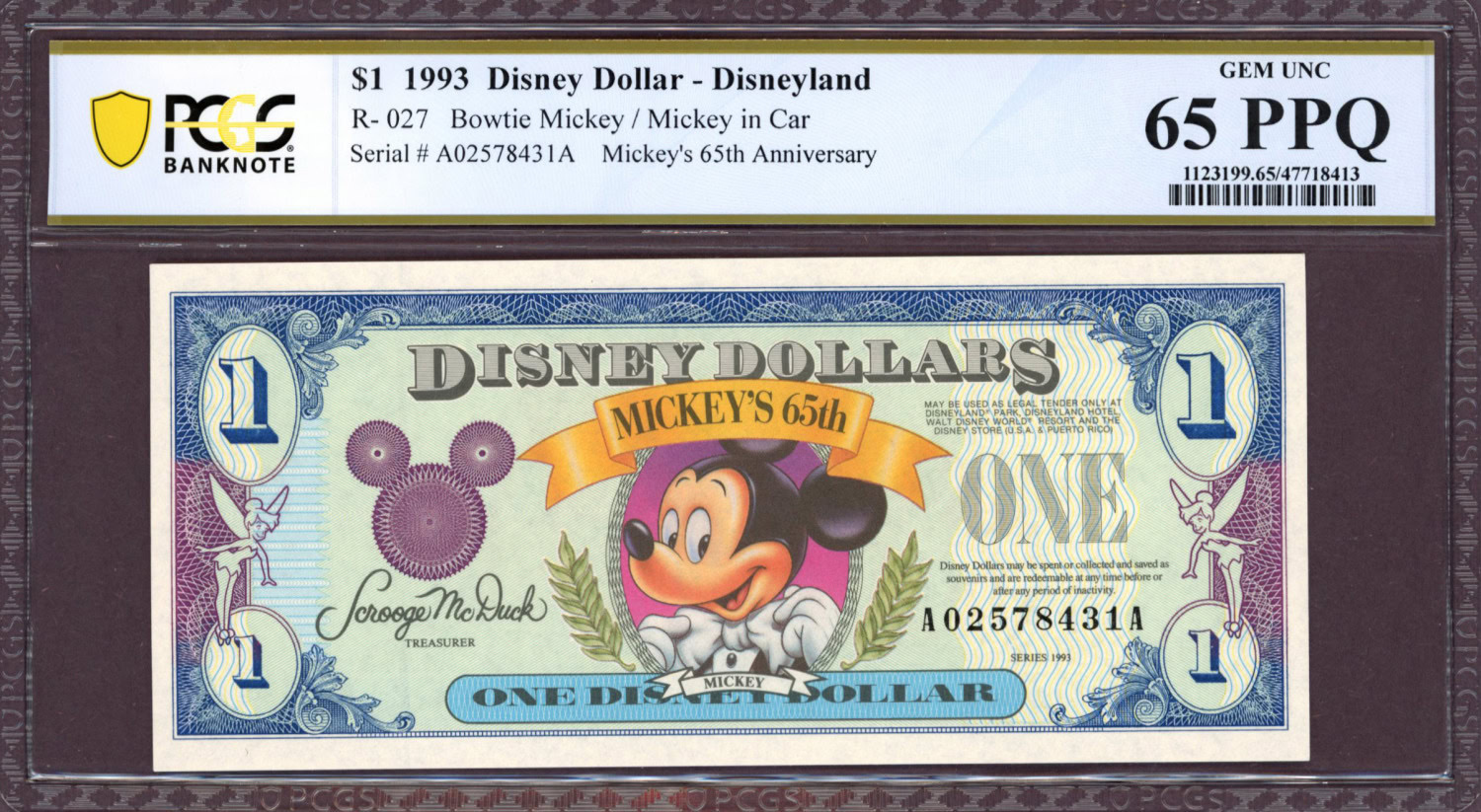 1993 (AA Block) $1 Disneyland Disney Dollar Mickey's 65th