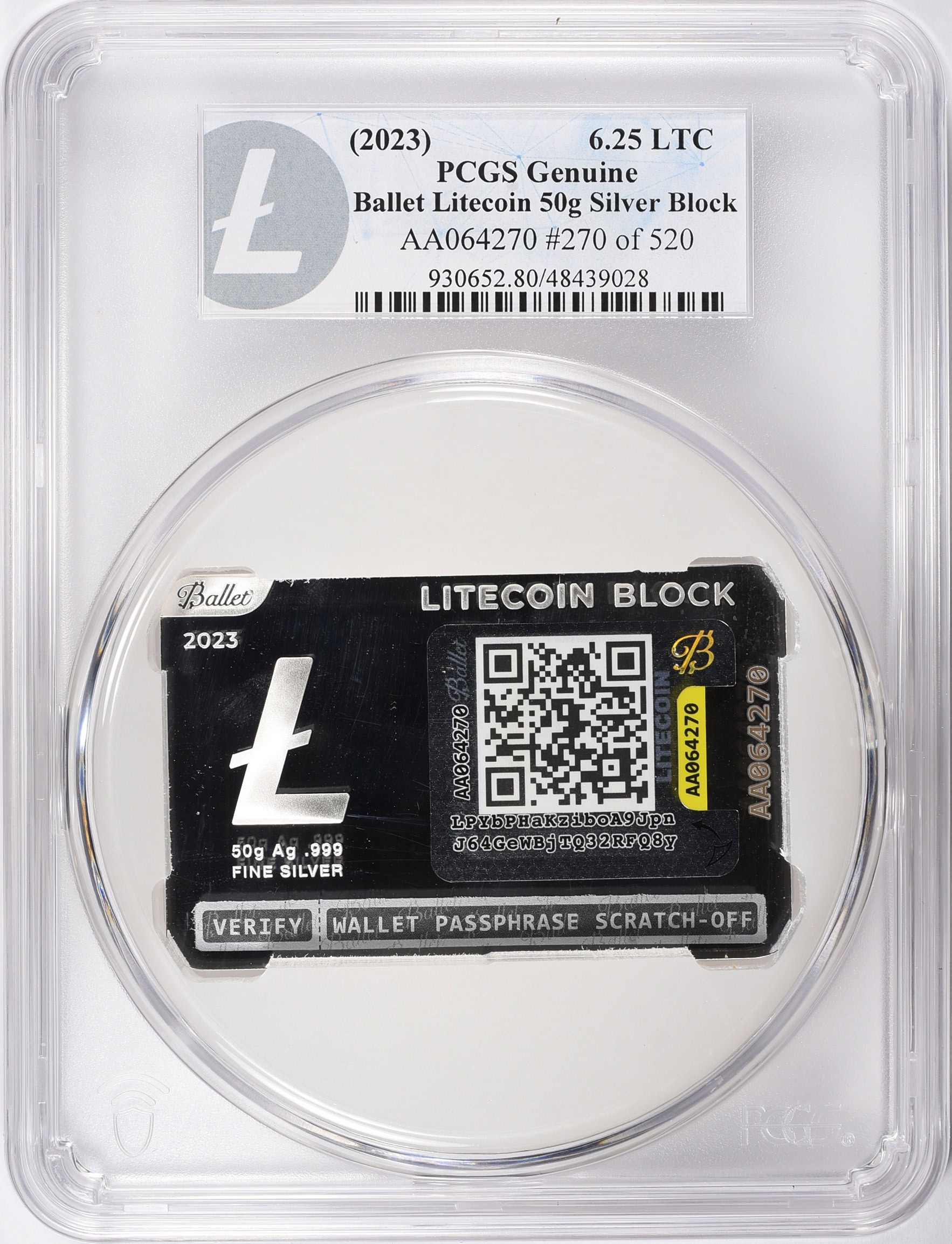 2023 6.25 LTC Ballet Litecoin 50g Silver Block PCGS Certified Genuine (#270  of 520) | PCGS Cert #48439028 | GreatCollections Coin Auctions Item #1470395