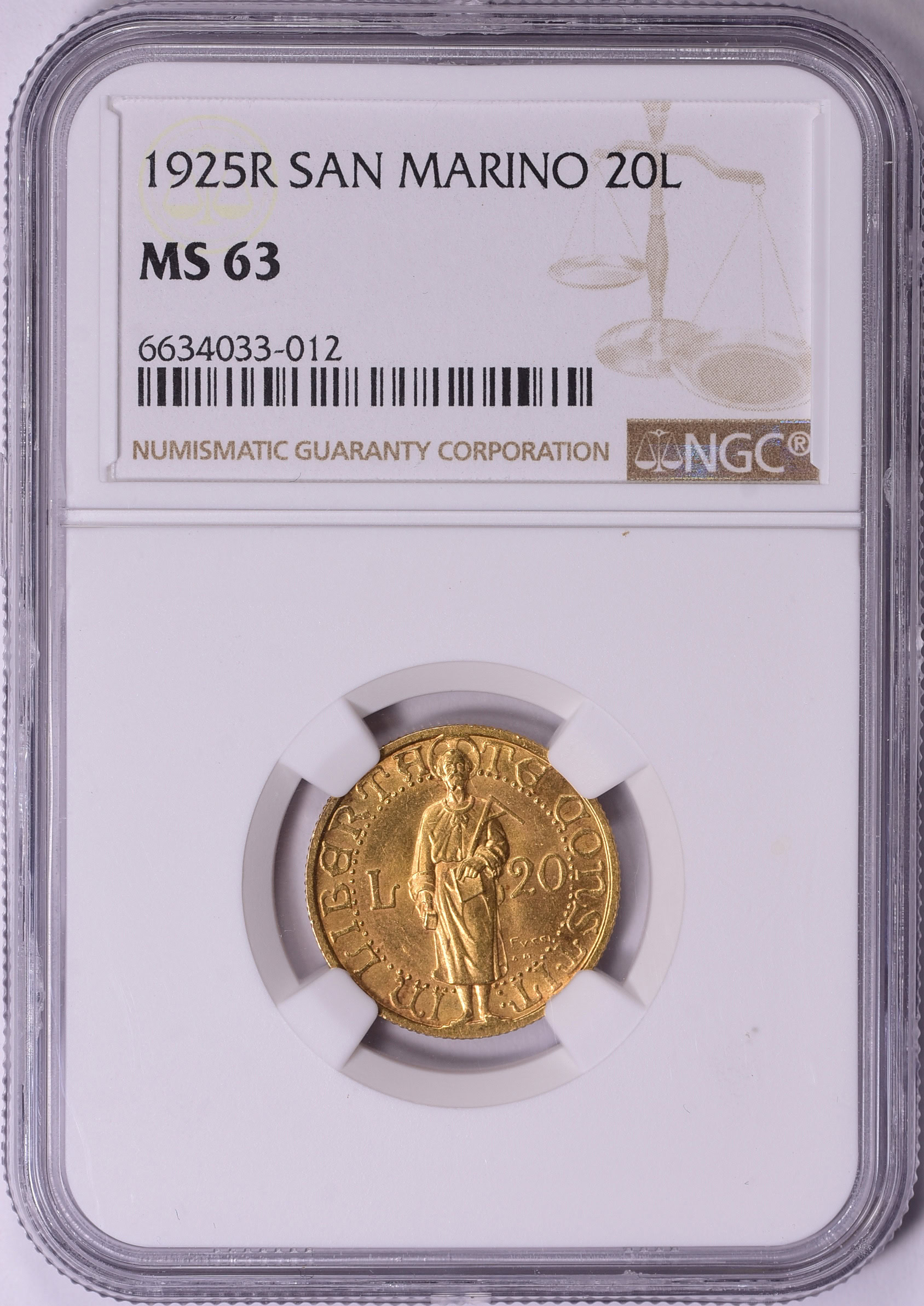San Marino 1925-R Gold 20 Lire KM-8 NGC MS-63 (AGW = 0.1867 oz