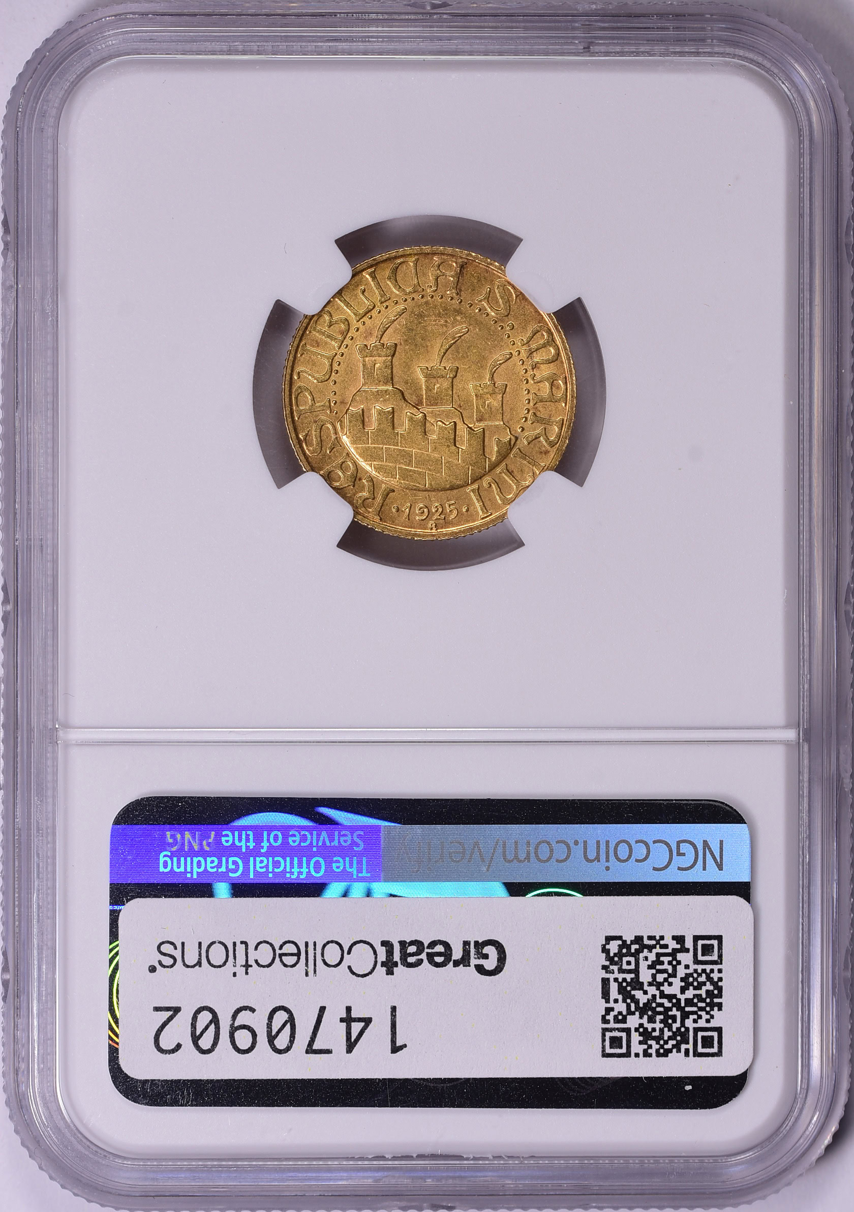 San Marino 1925-R Gold 20 Lire KM-8 NGC MS-63 (AGW = 0.1867 oz