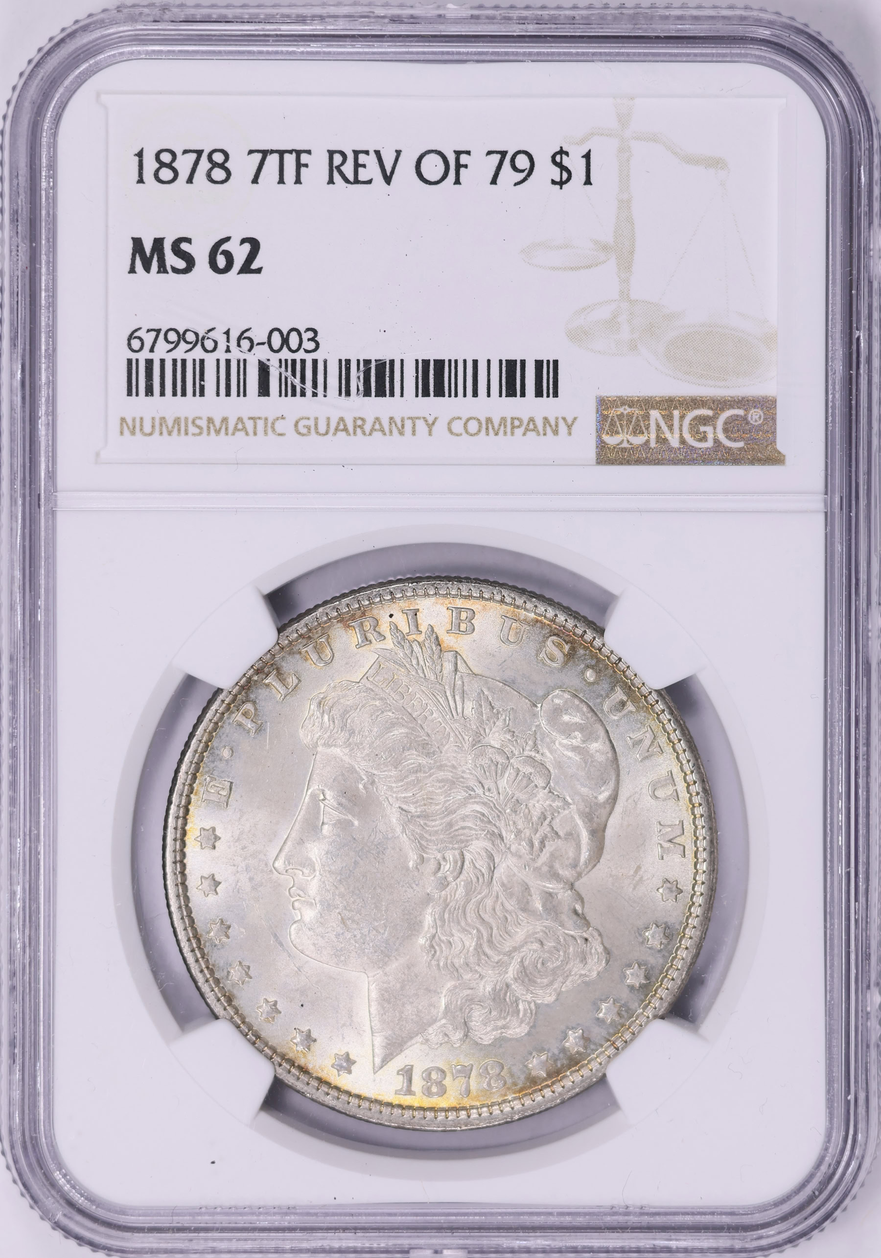 1878 Morgan Silver Dollar 7 Tailfeathers, Reverse of 1879 NGC MS