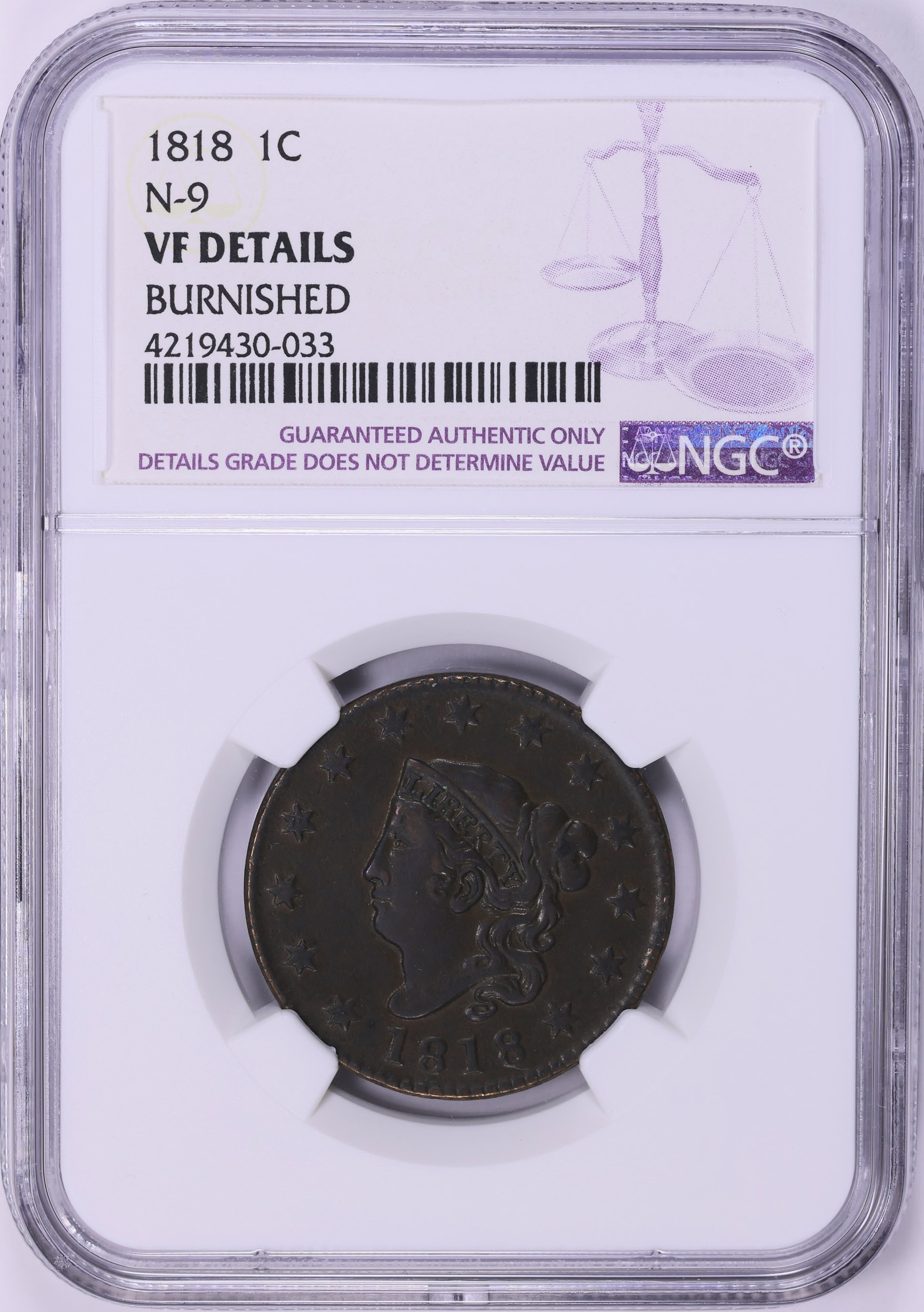 1818 Matron Cent N-9 NGC VF Details (Item 1473554