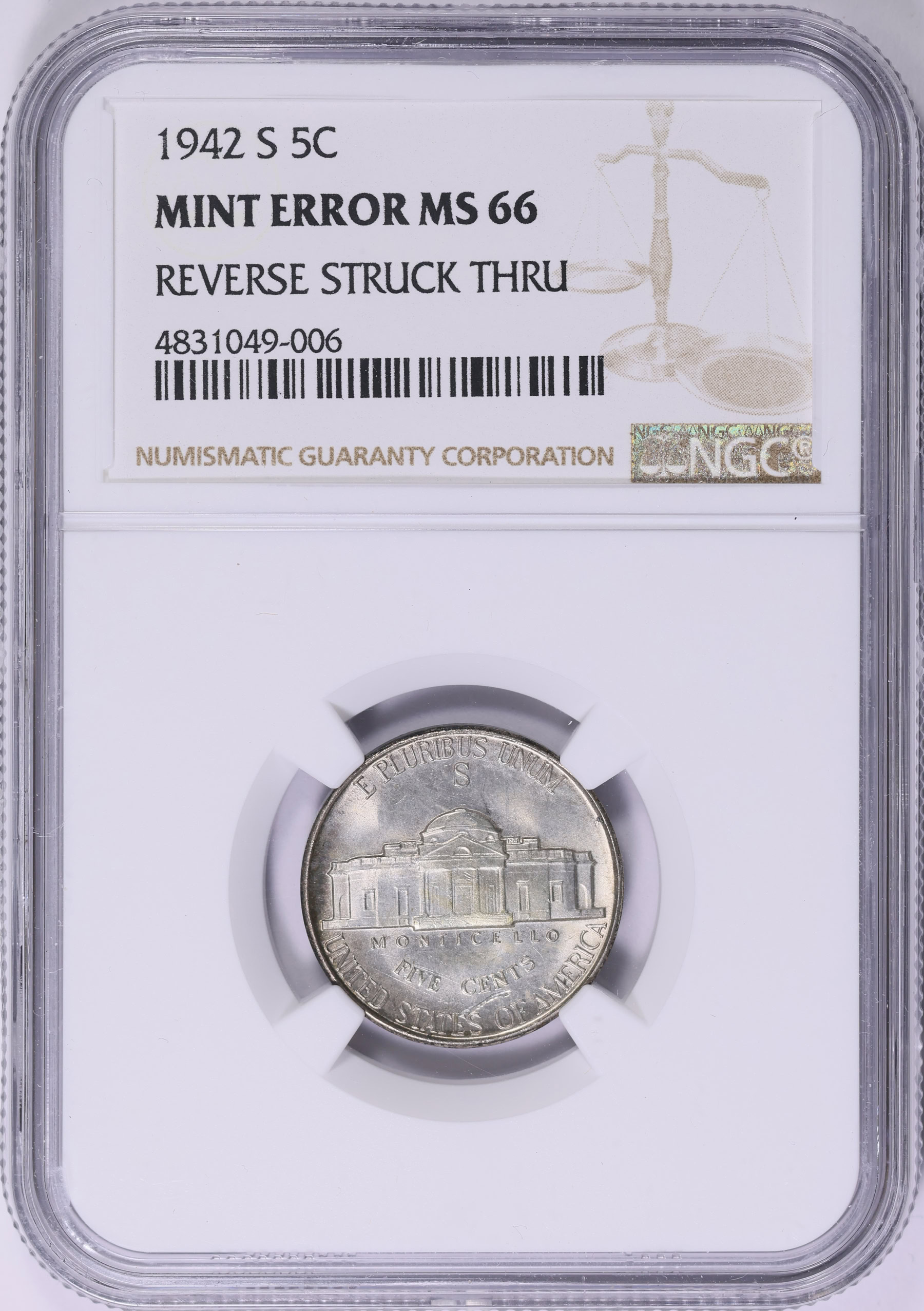 Mint Error 1942-S Jefferson Nickel Type 2 Reverse Struck Thru NGC