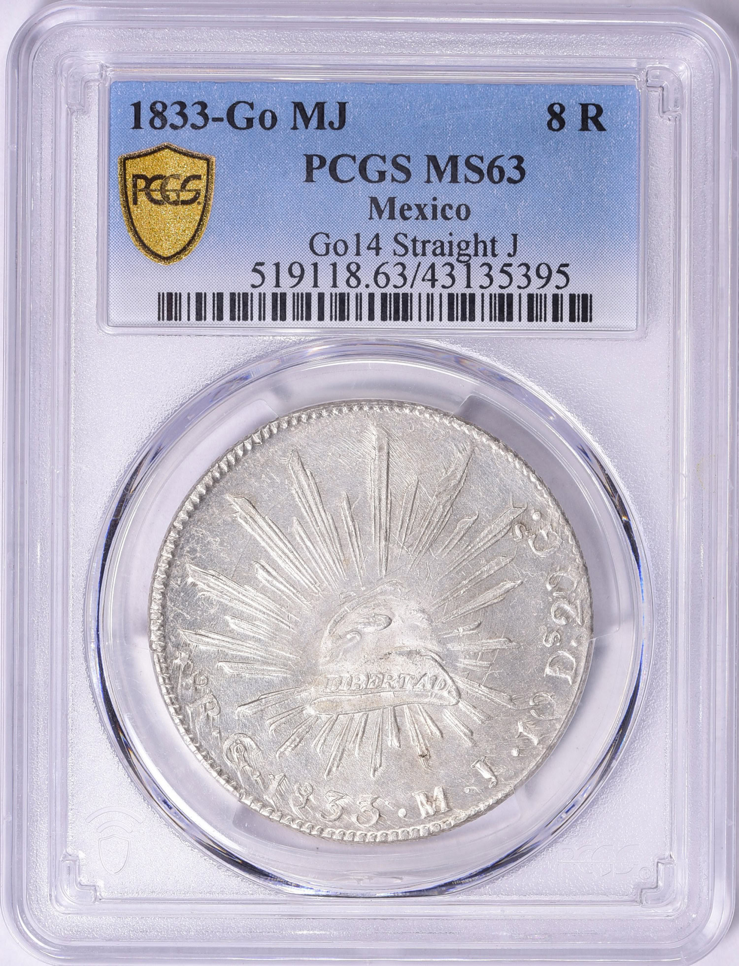 Mexico 1833-Go MJ Silver 8 Reales Straight J KM-377.8 PCGS MS-63