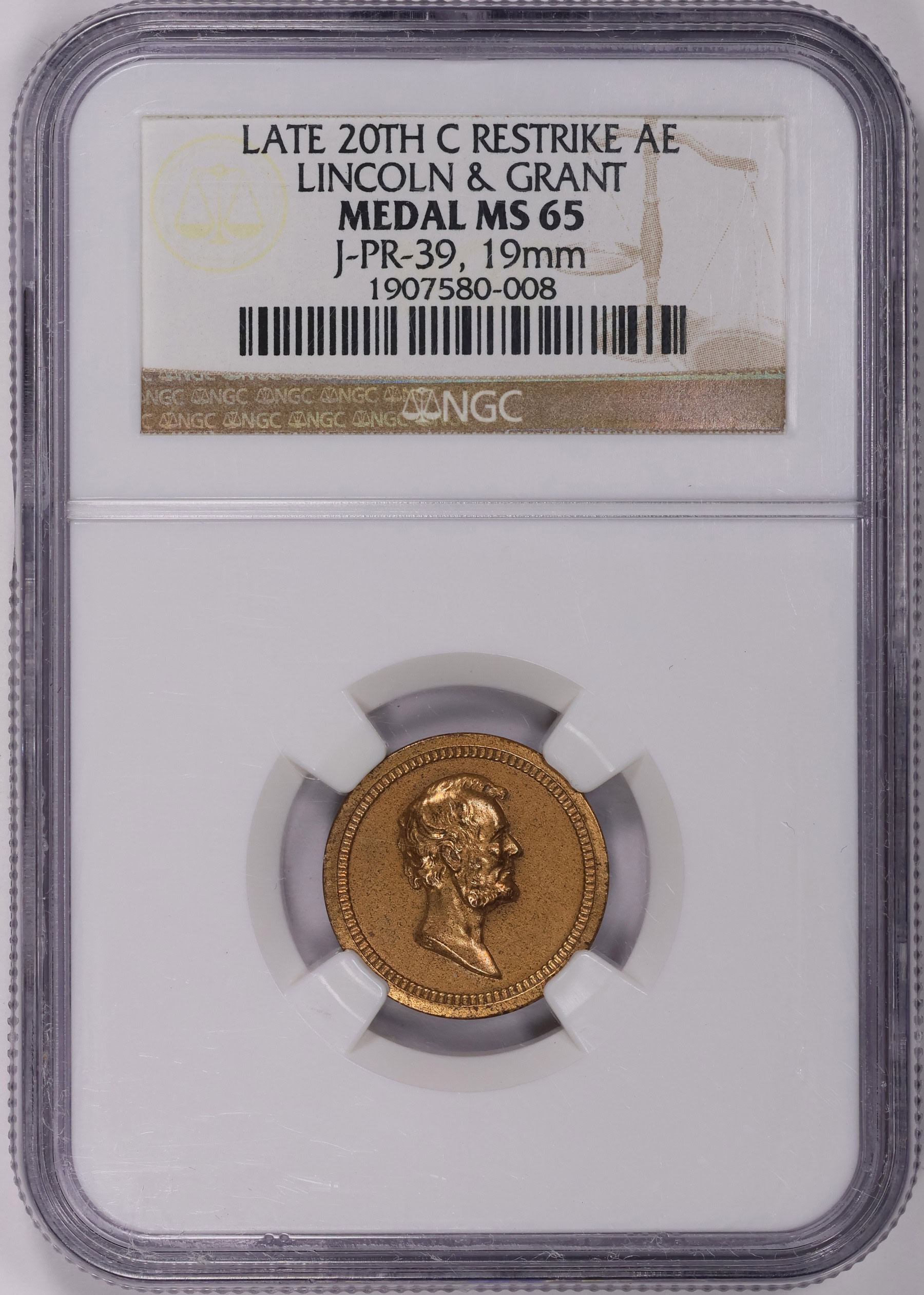 Late 20th Century Restrike Bronze 19mm Lincoln & Grant Medal J-PR
