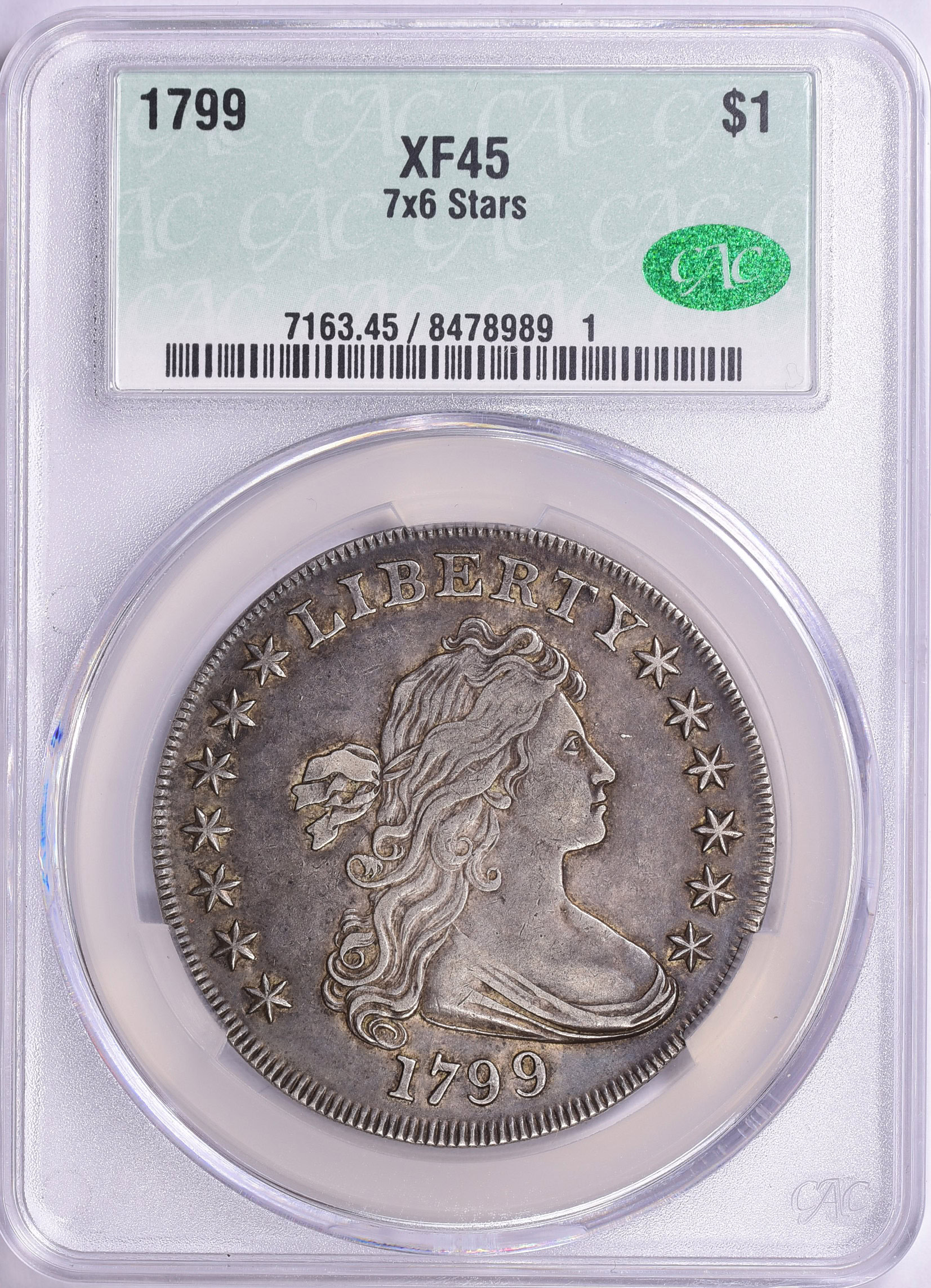 1799 Draped Bust Silver Dollar 7x6 Stars CACG XF-45 (Item 1497771