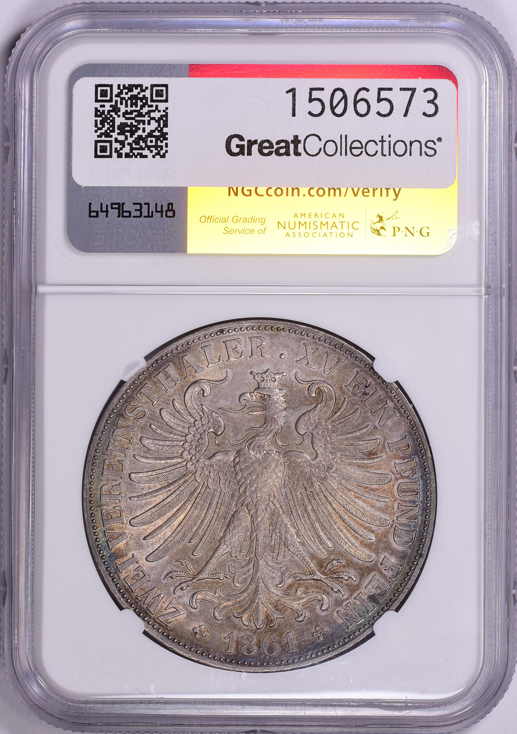 Germany - Frankfurt 1861 Silver 2 Thaler KM-365 NGC MS-62 (Toned