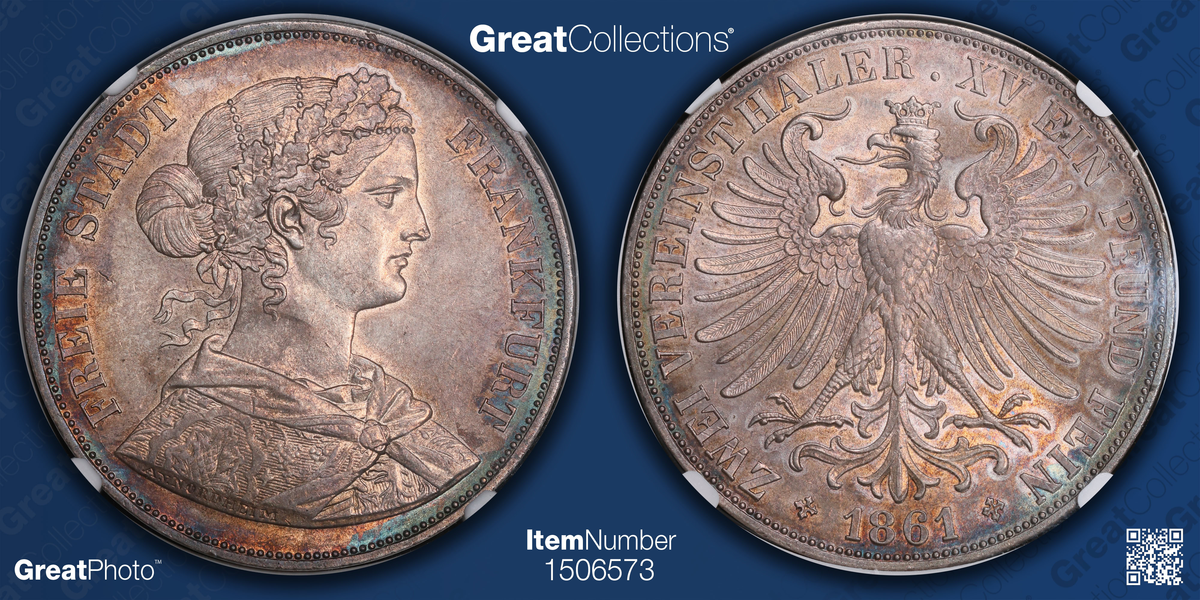 Germany - Frankfurt 1861 Silver 2 Thaler KM-365 NGC MS-62 (Toned
