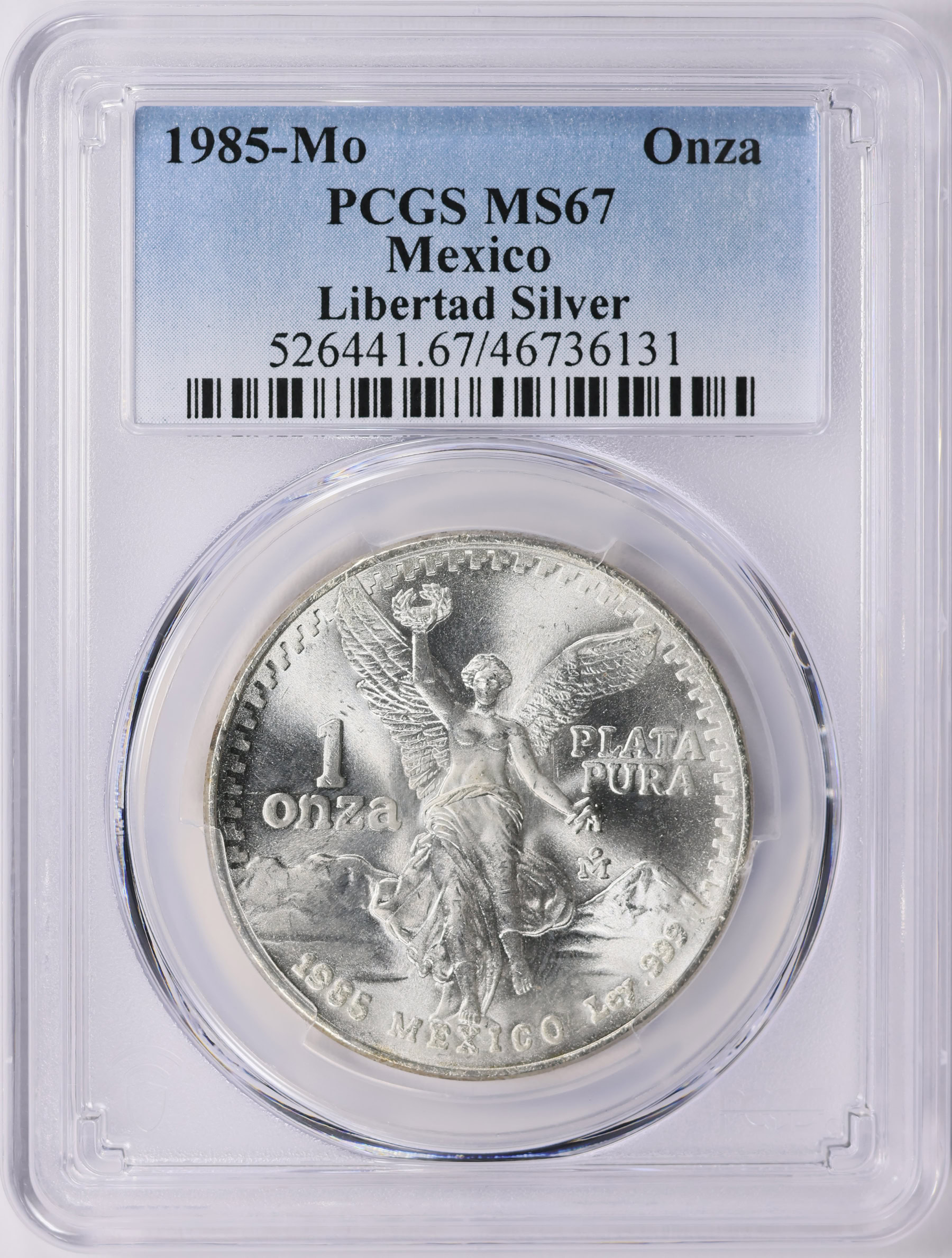 モコ☆ Mexico 1985-Mo Silver Onza Libertad KM-494.1 PCGS MS-67