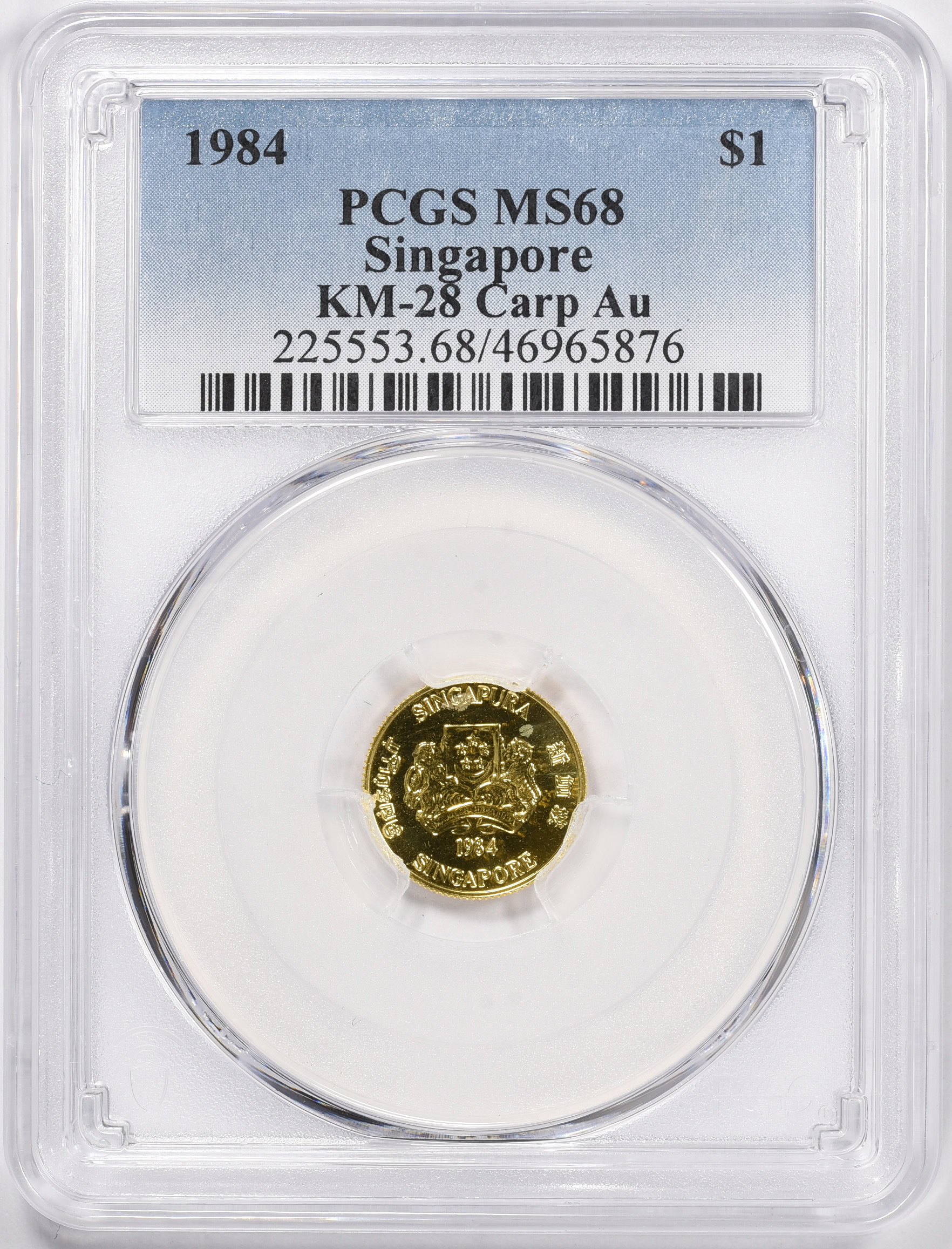 Singapore 1984 Gold Dollar Carp KM-28 PCGS MS-68 (AGW = 0.0999 oz