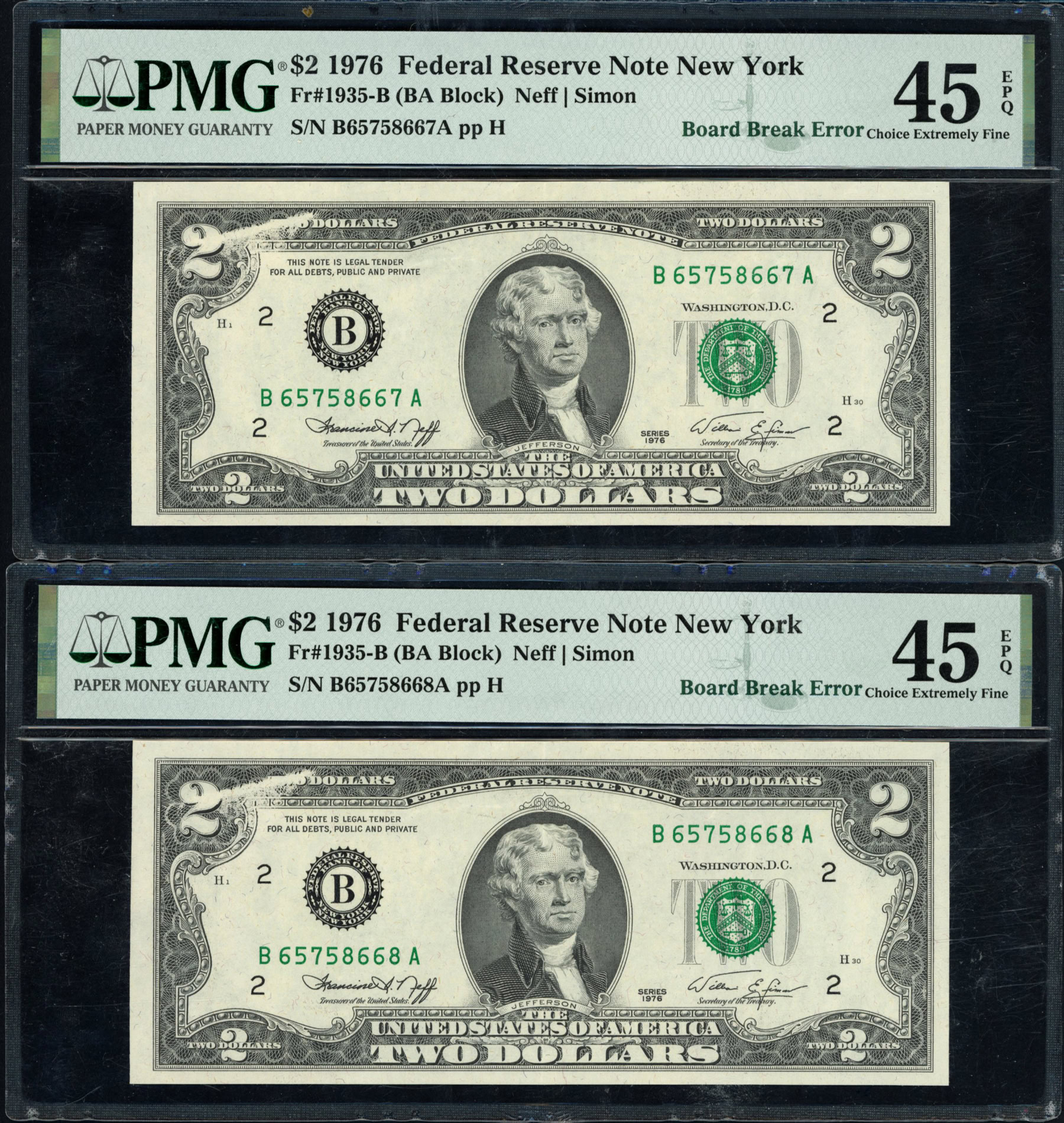 Fr. 1935-B (BA Block) 1976 $2 New York Federal Reserve Error Notes ...
