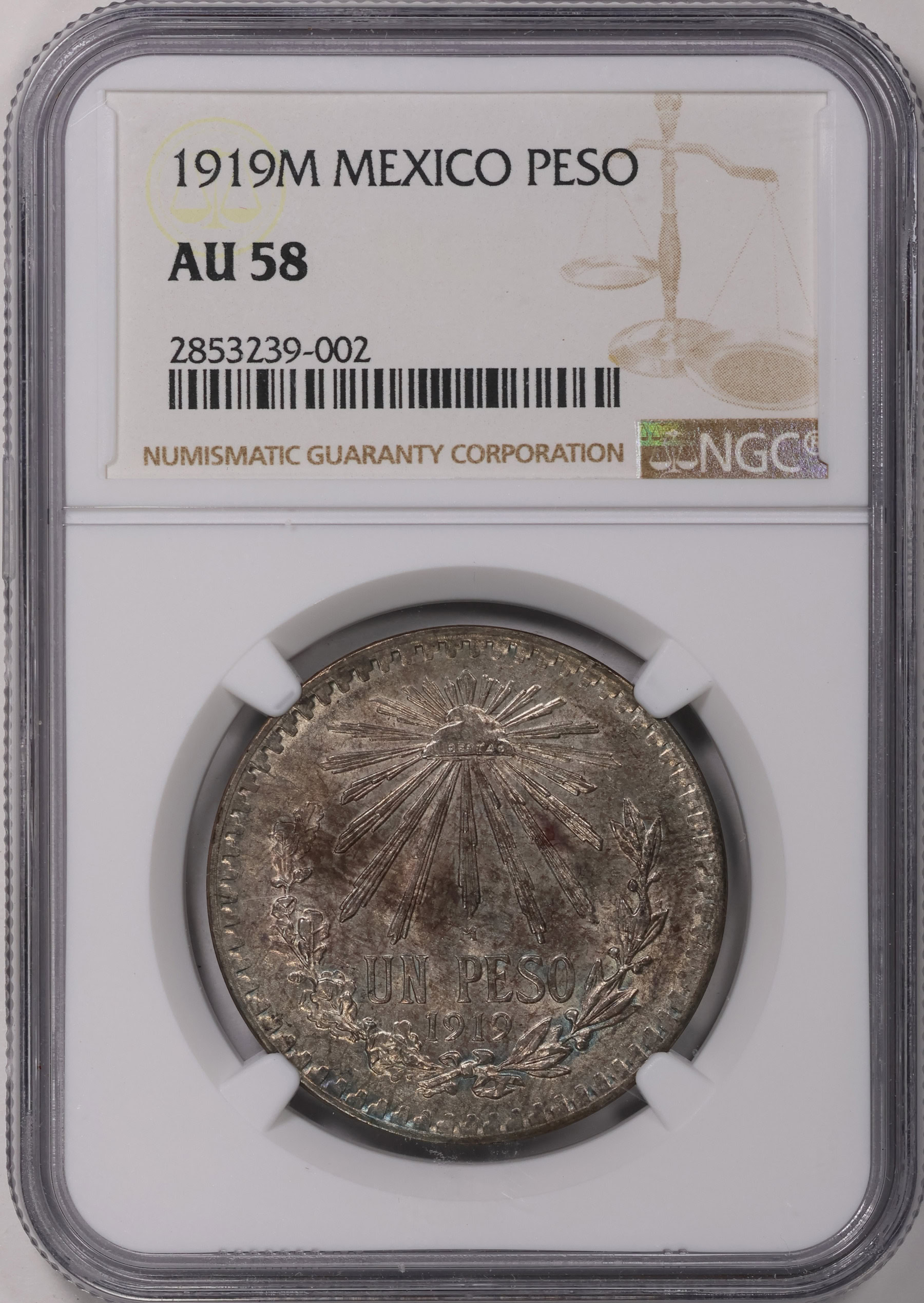 Mexico 1919-M Silver Peso KM-454 NGC AU-58 (Item 1516373