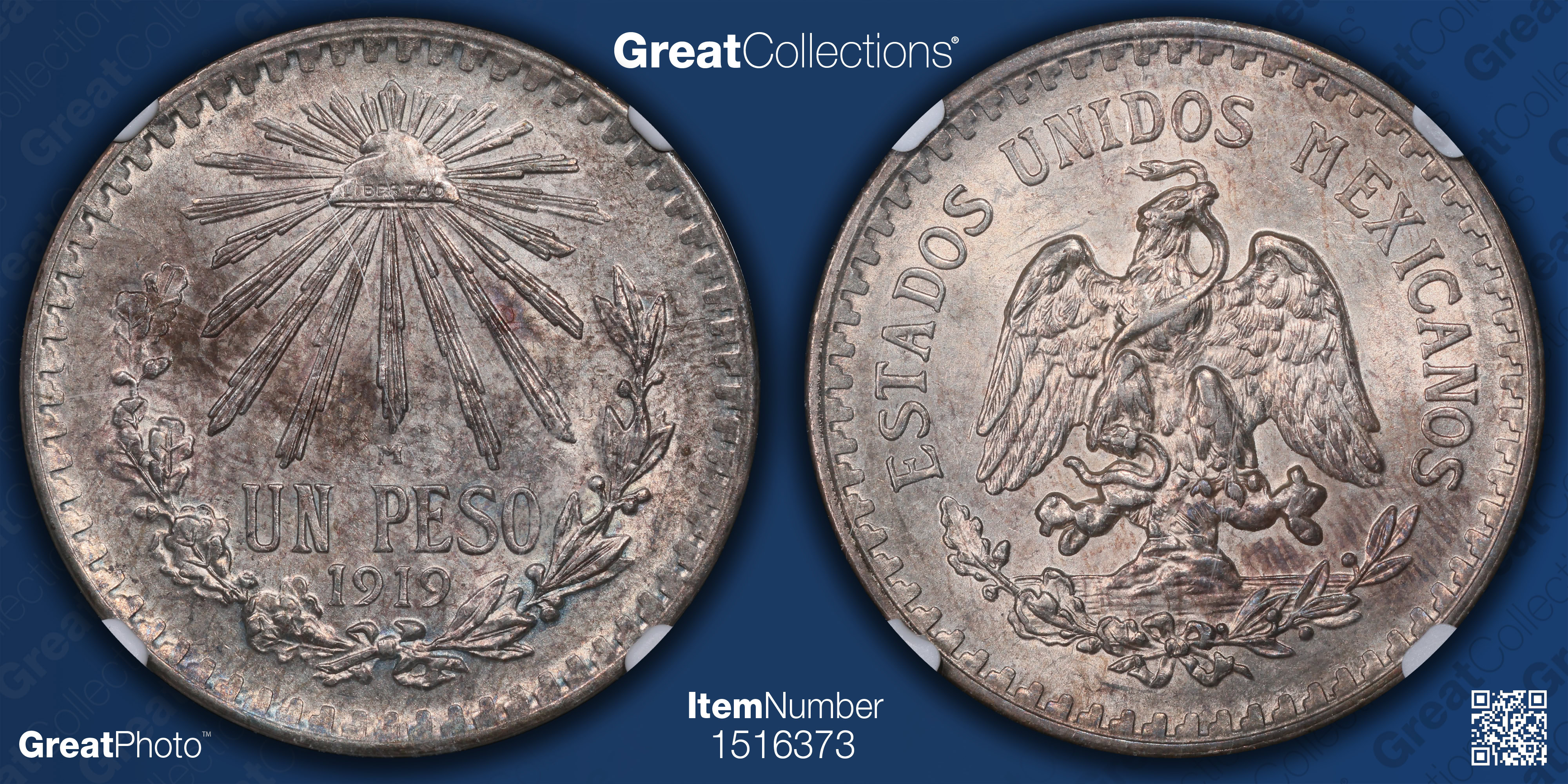 Mexico 1919-M Silver Peso KM-454 NGC AU-58 (Item 1516373