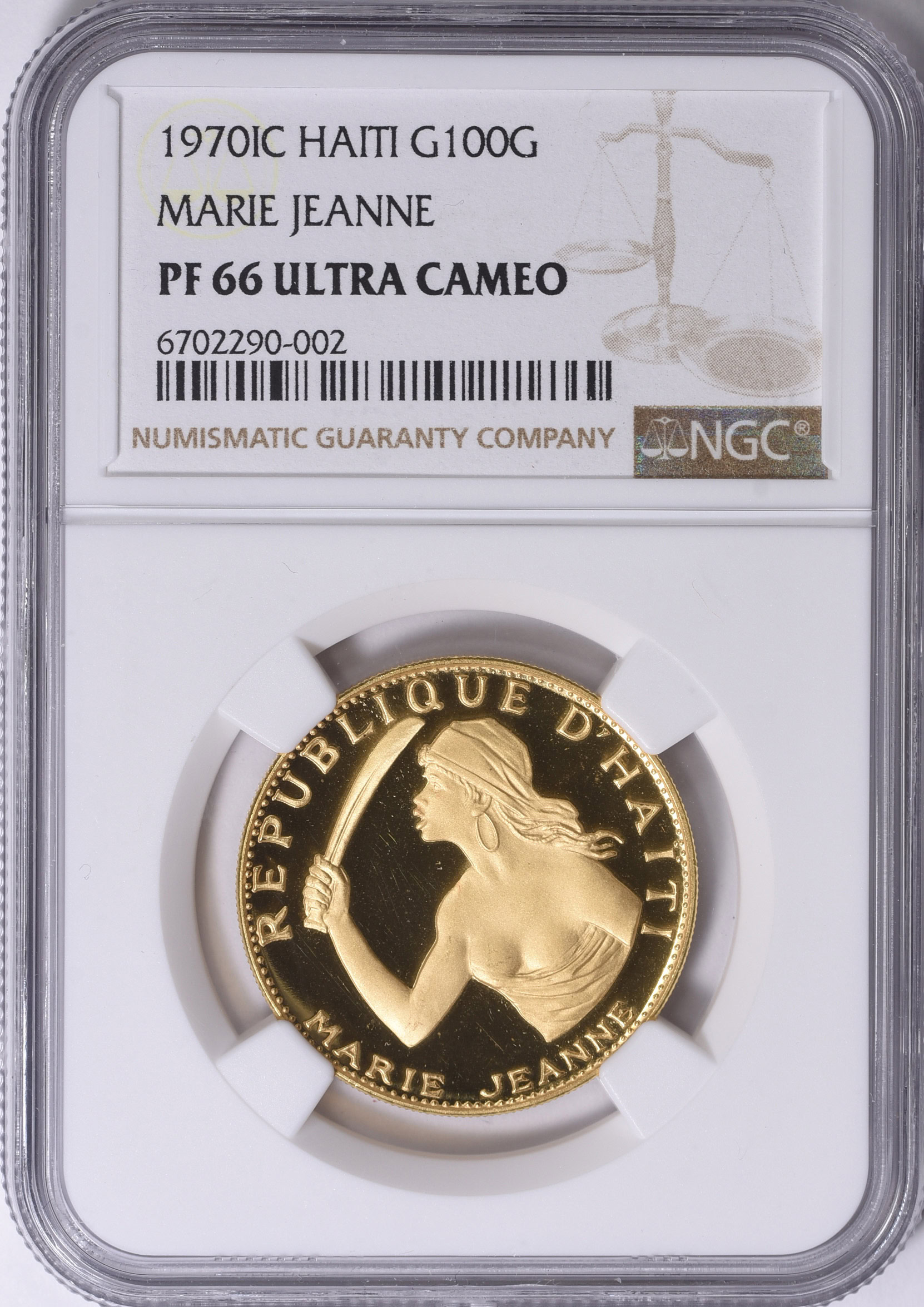 Haiti 1970-IC Gold 100 Gourdes Marie Jeanne KM-69 NGC Proof-66 UC