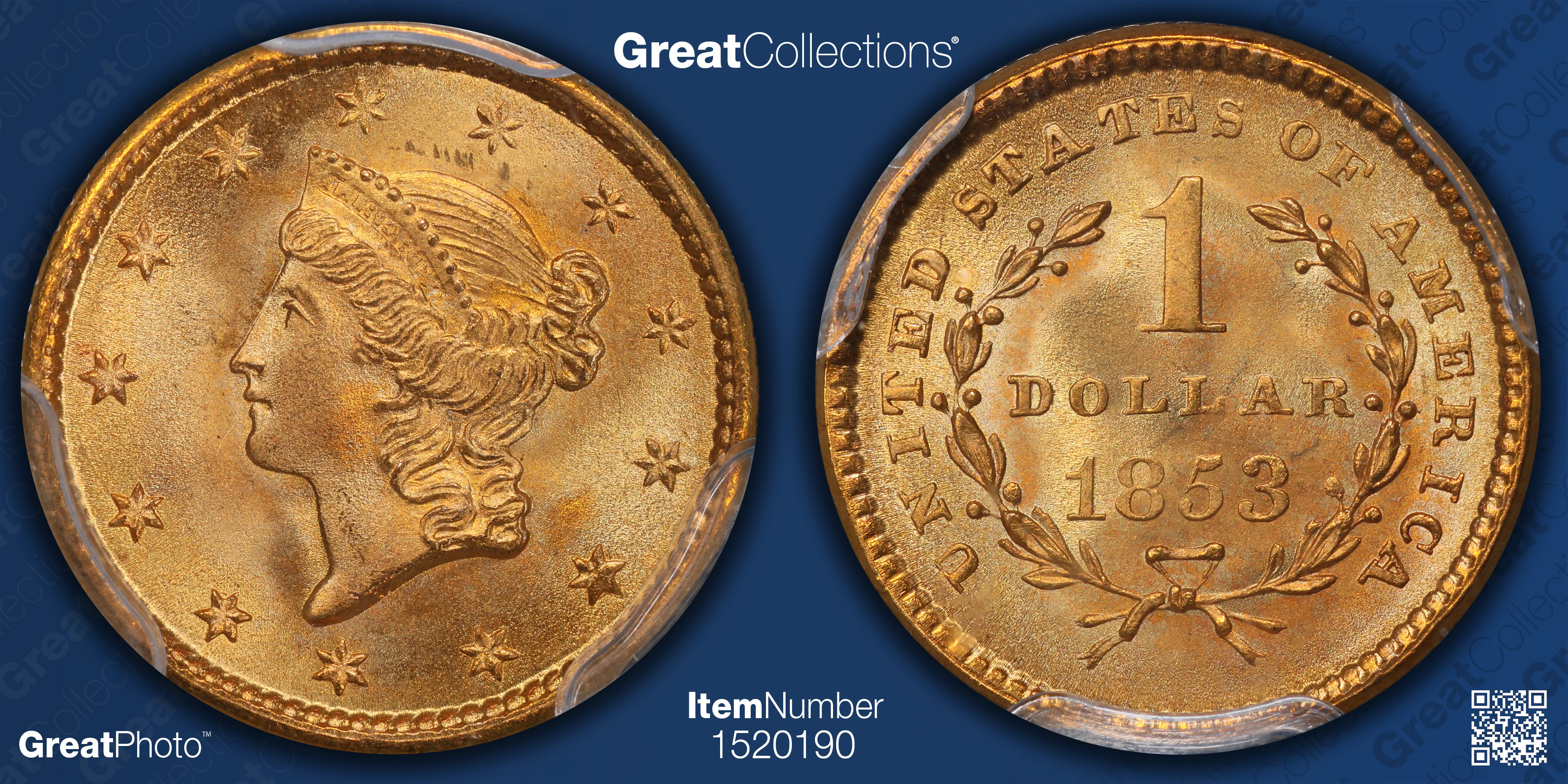1853 Liberty Gold Dollar PCGS MS-67+ (CAC Green) (Item 1520190