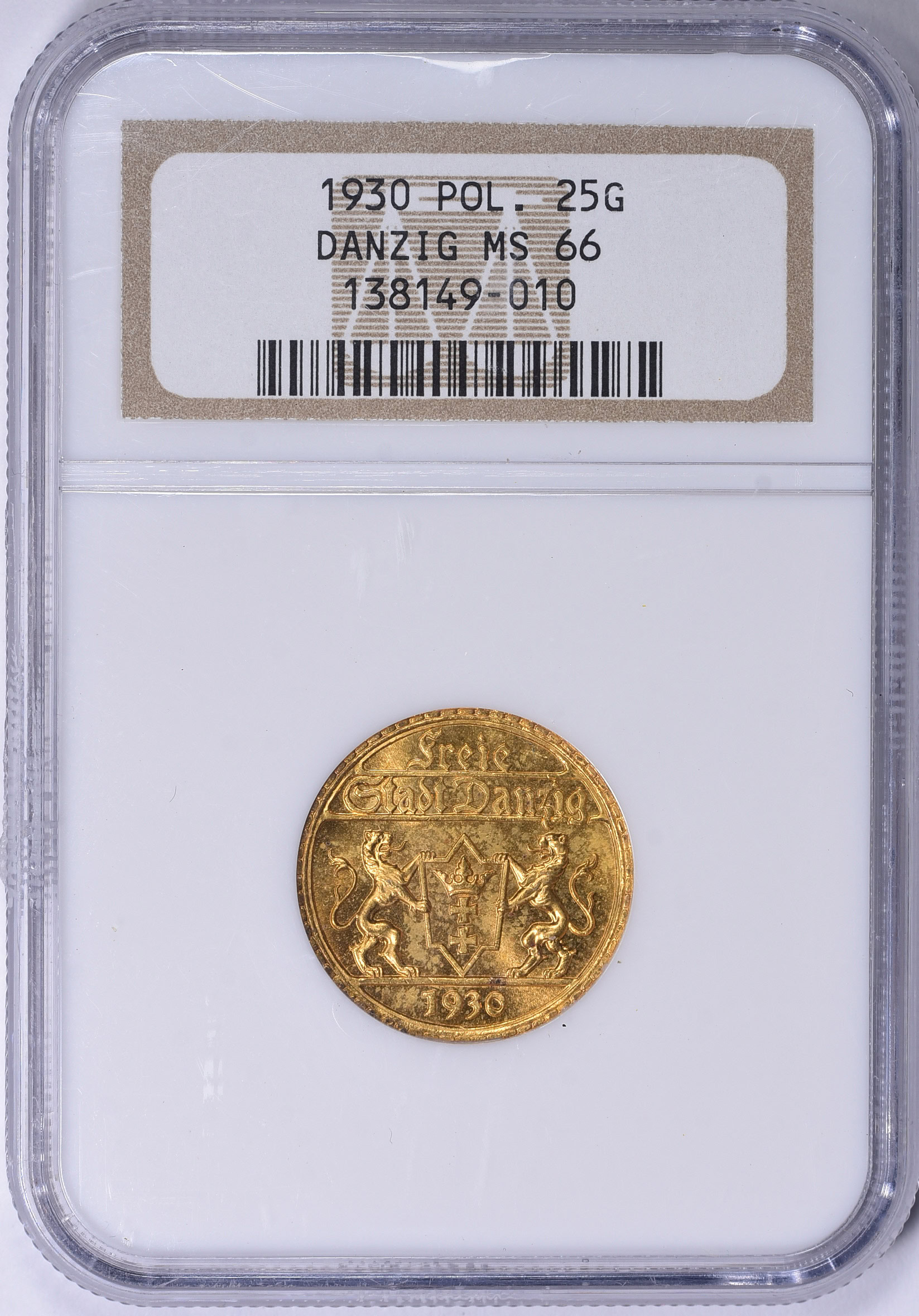 Danzig 1930 Gold 25 Gulden KM-150 NGC MS-66 (AGW = 0.2355 Oz