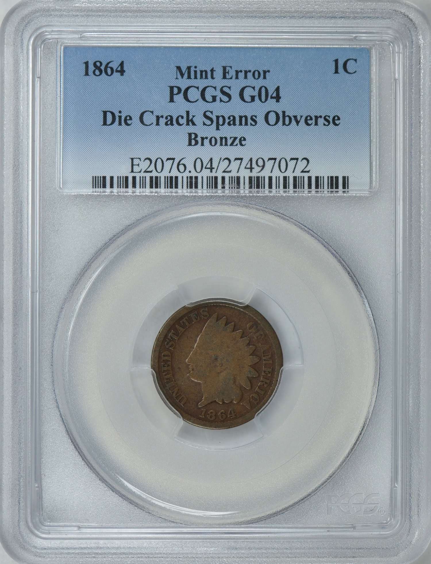 kkkk様 Mint Error 1864 Indian Cent Die Crack Spans Obverse Bronze PCGS G