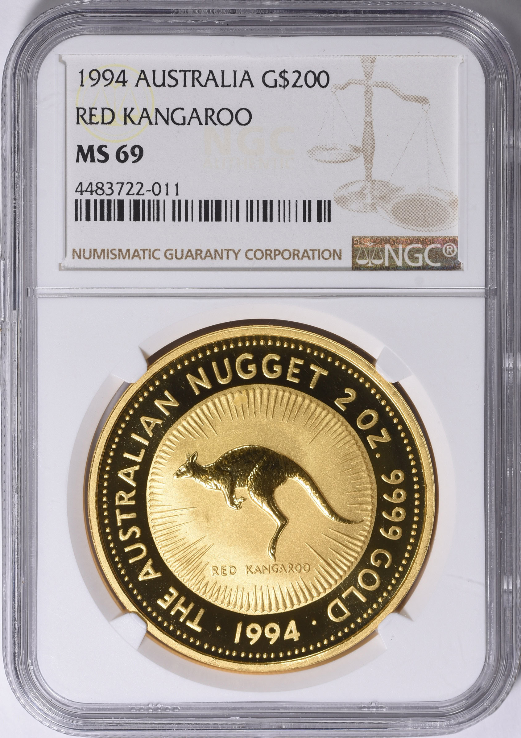Australia 1994 Gold $200 Red Kangaroo Nugget KM-182 NGC MS-69 (AGW