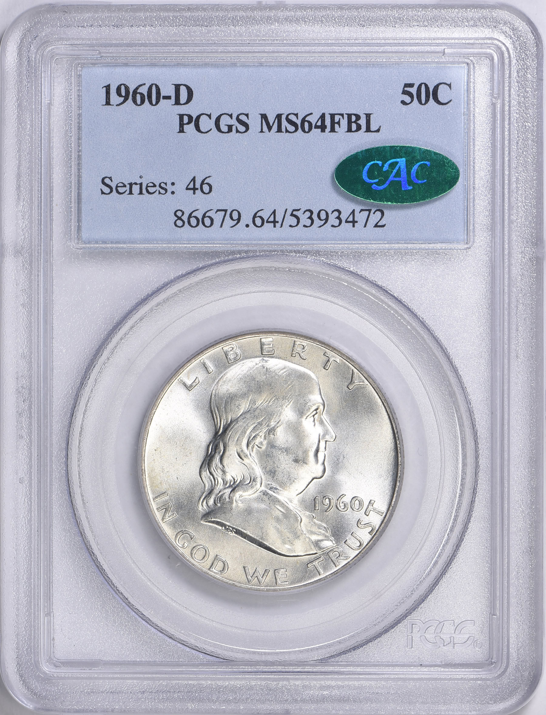 1960-D Franklin Half Dollar PCGS MS-64 FBL (CAC Green) (Item 1527597 ...