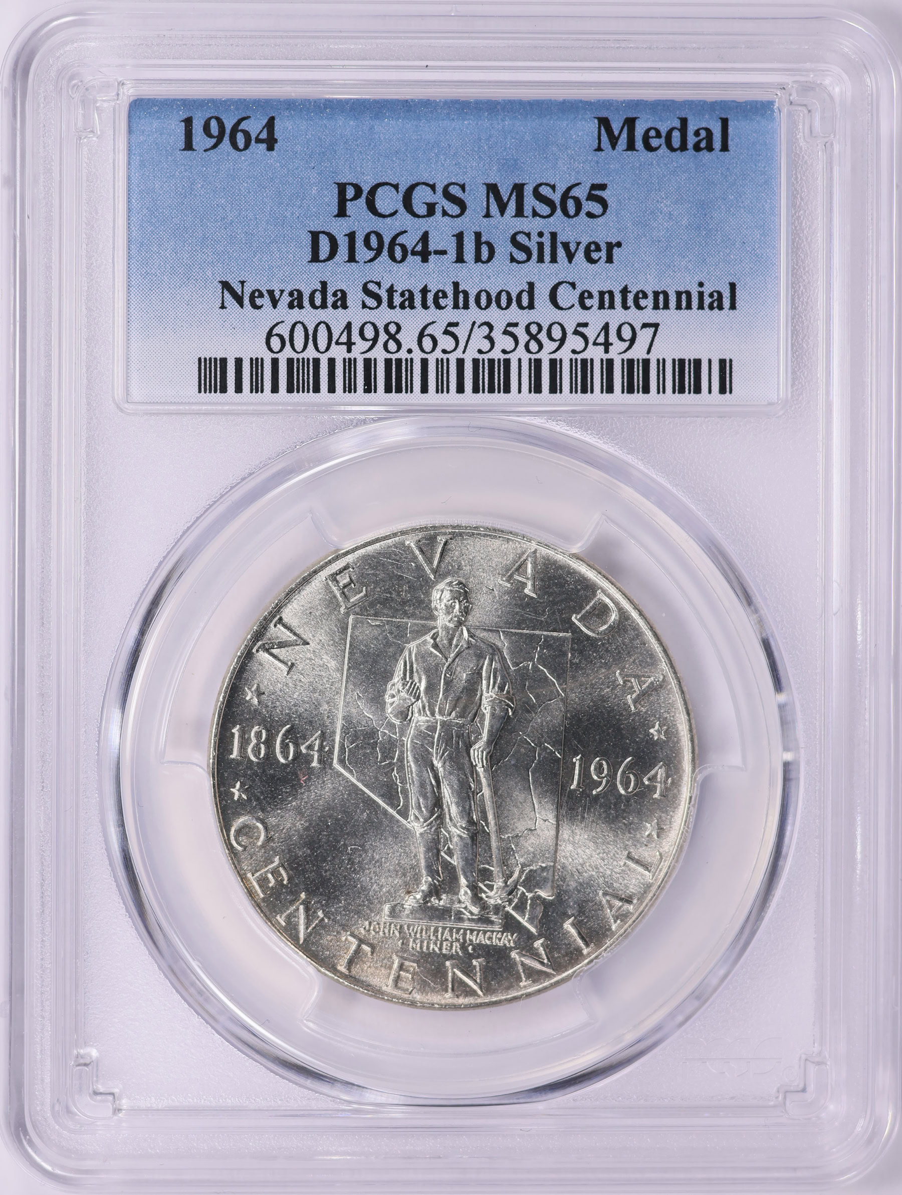 1964 Silver Nevada Statehood Centennial Medal D1964-1b PCGS MS-65