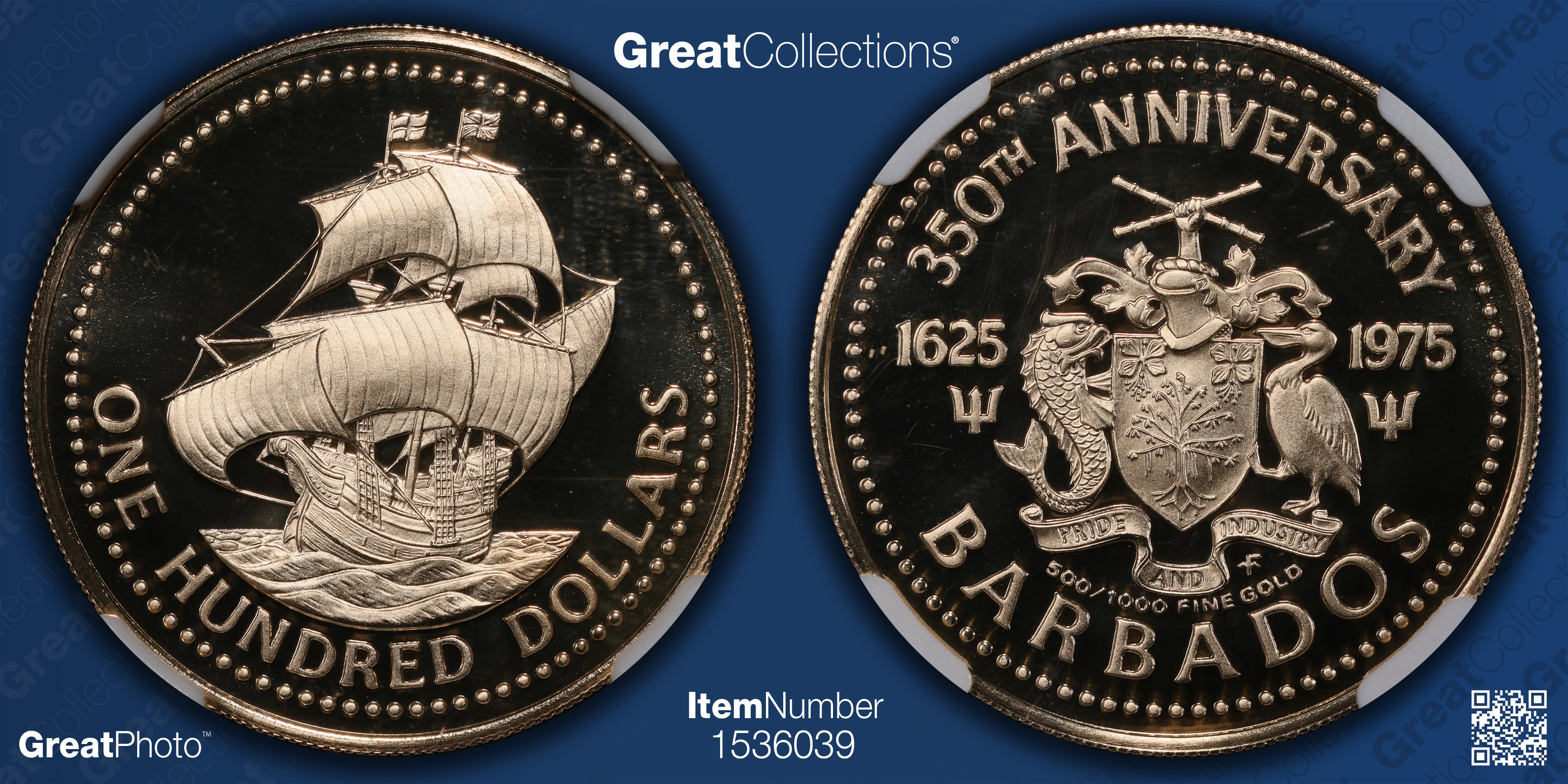 Barbados 1975-FM Gold $100 The English Ship Olive Blossom 350th