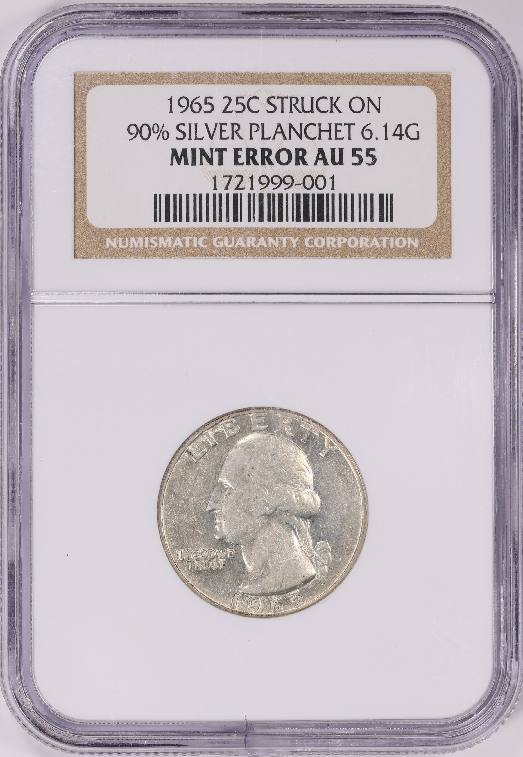 Mint Error 1965 Washington Quarter Struck on 90% Silver Planchet 6.14G ...