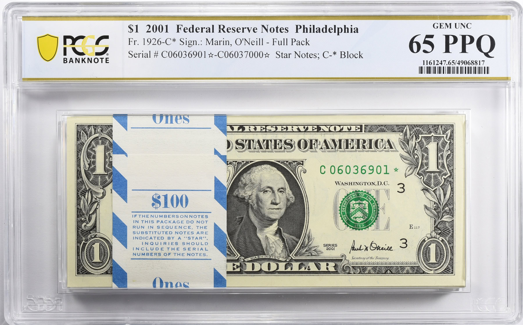 Fr. 1926-C☆ (C☆ Block) 2001 $1 Philadelphia Federal Reserve Star 