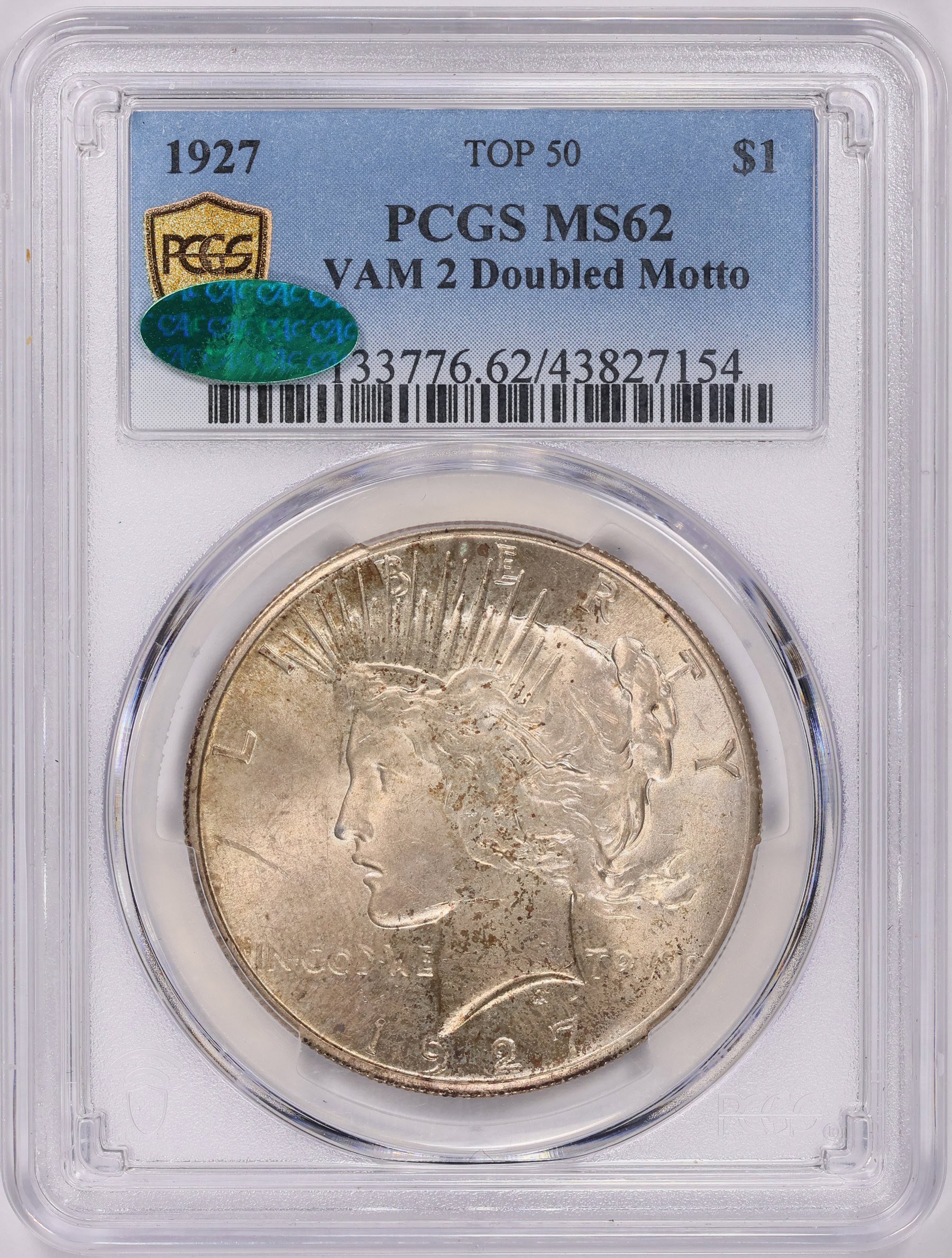 DAWN CURRENT '93 　古いですが美品に近い？ 1927 Peace Silver Dollar VAM-2 Doubled Motto Top 50 PCGS MS-62