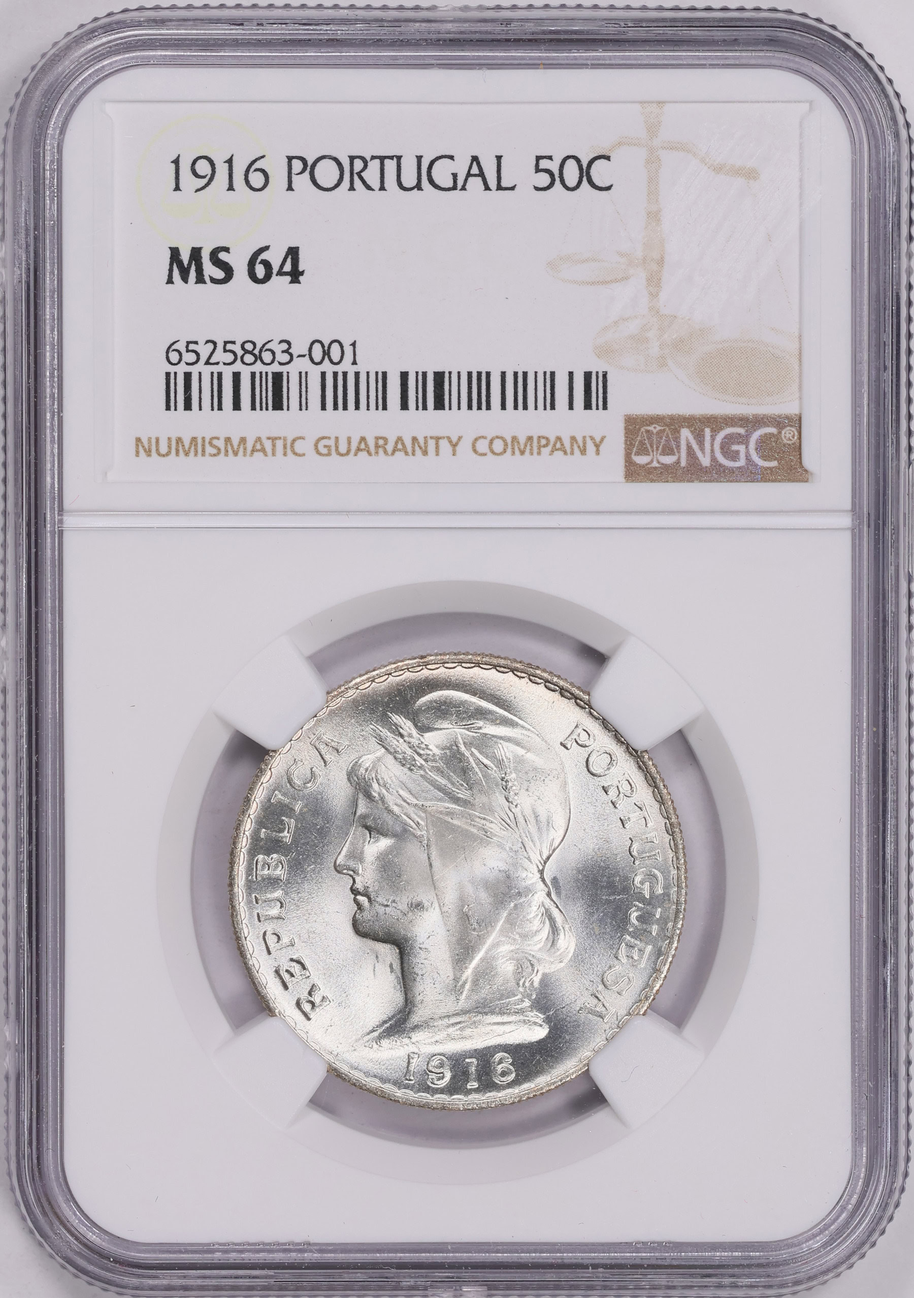 1916 ポルトガル 50センタボ NGC AU58 第一共和政 美人銀貨 希少 Portugal 1916 Silver 50 Centavos KM-561 NGC MS-64 | NGC Cert