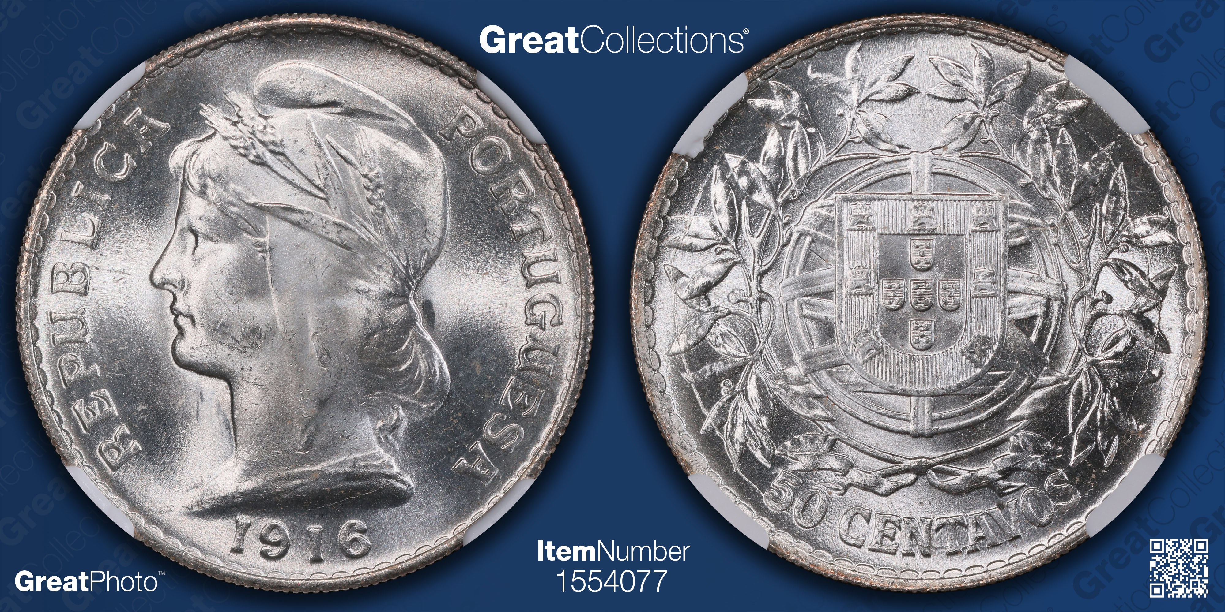 Portugal 1916 Silver 50 Centavos KM-561 NGC MS-64 | NGC Cert