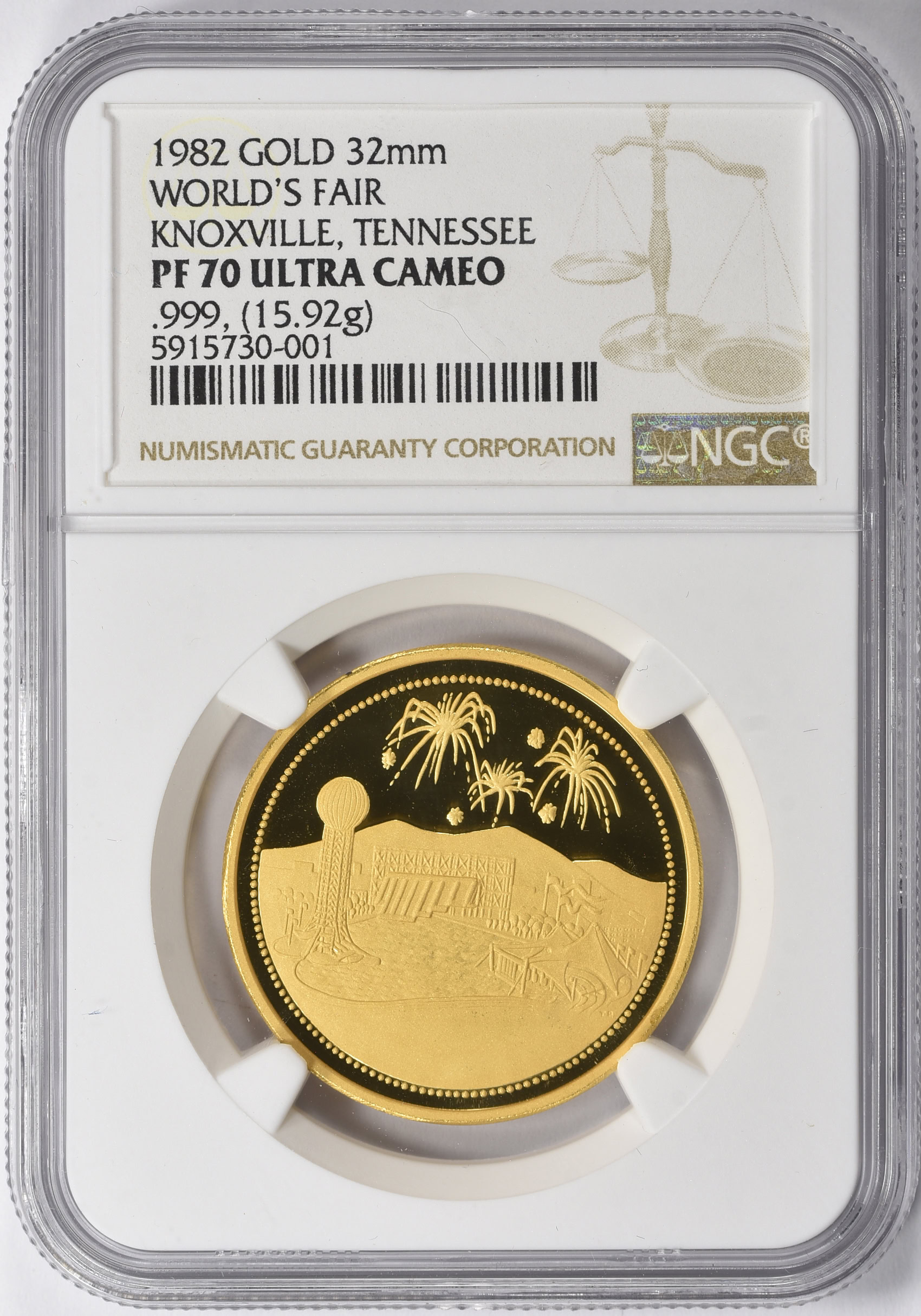 1982 Gold 32mm Knoxville, Tennessee World's Fair Medal With Case