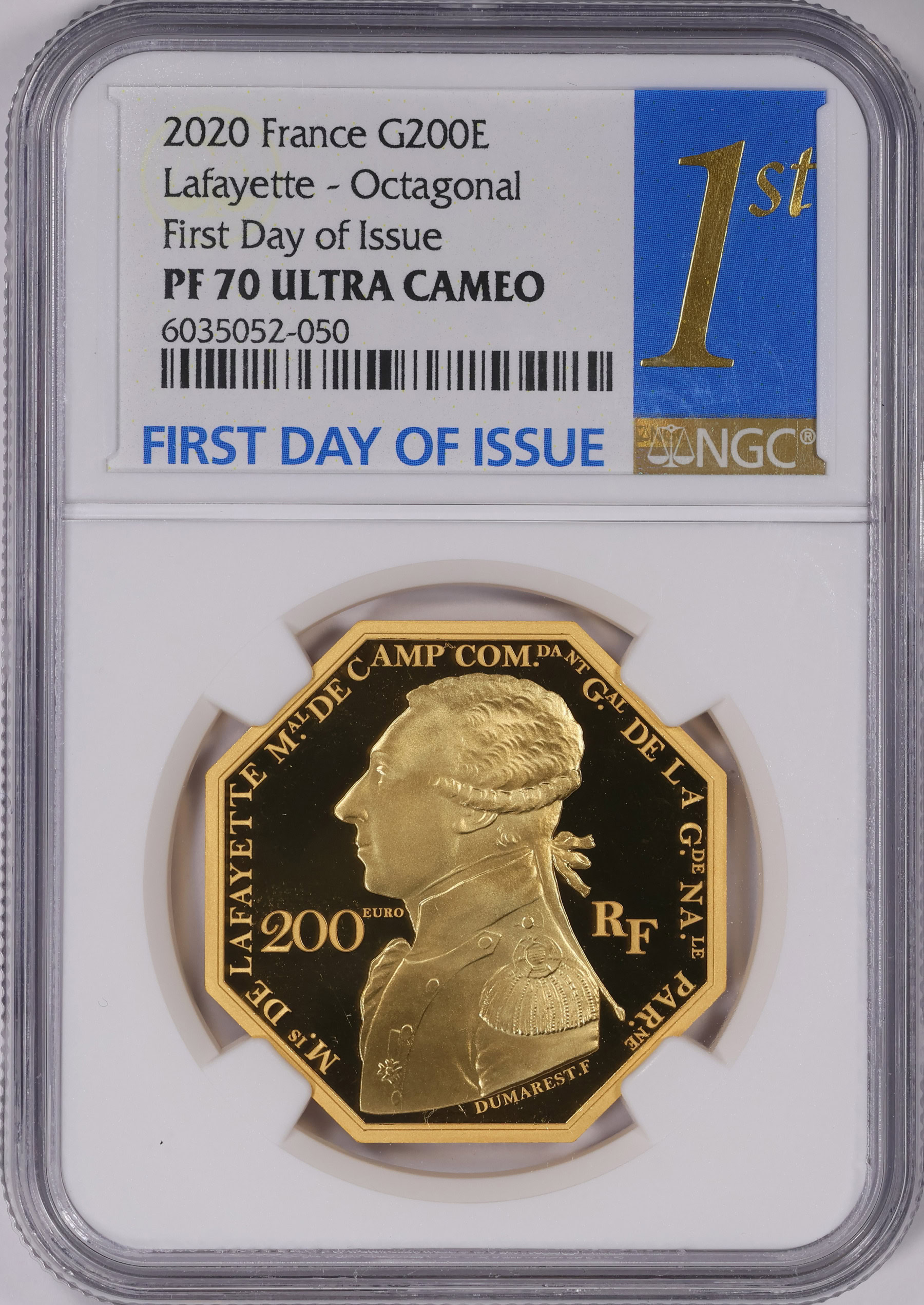 France 2020 Gold 200 Euros General Lafayette Octagonal First Day of Issue  NGC Proof-70 UC (AGW = 0.999 oz.) | NGC Cert #6035052-050 |  GreatCollections Coin Auctions Item #1560117
