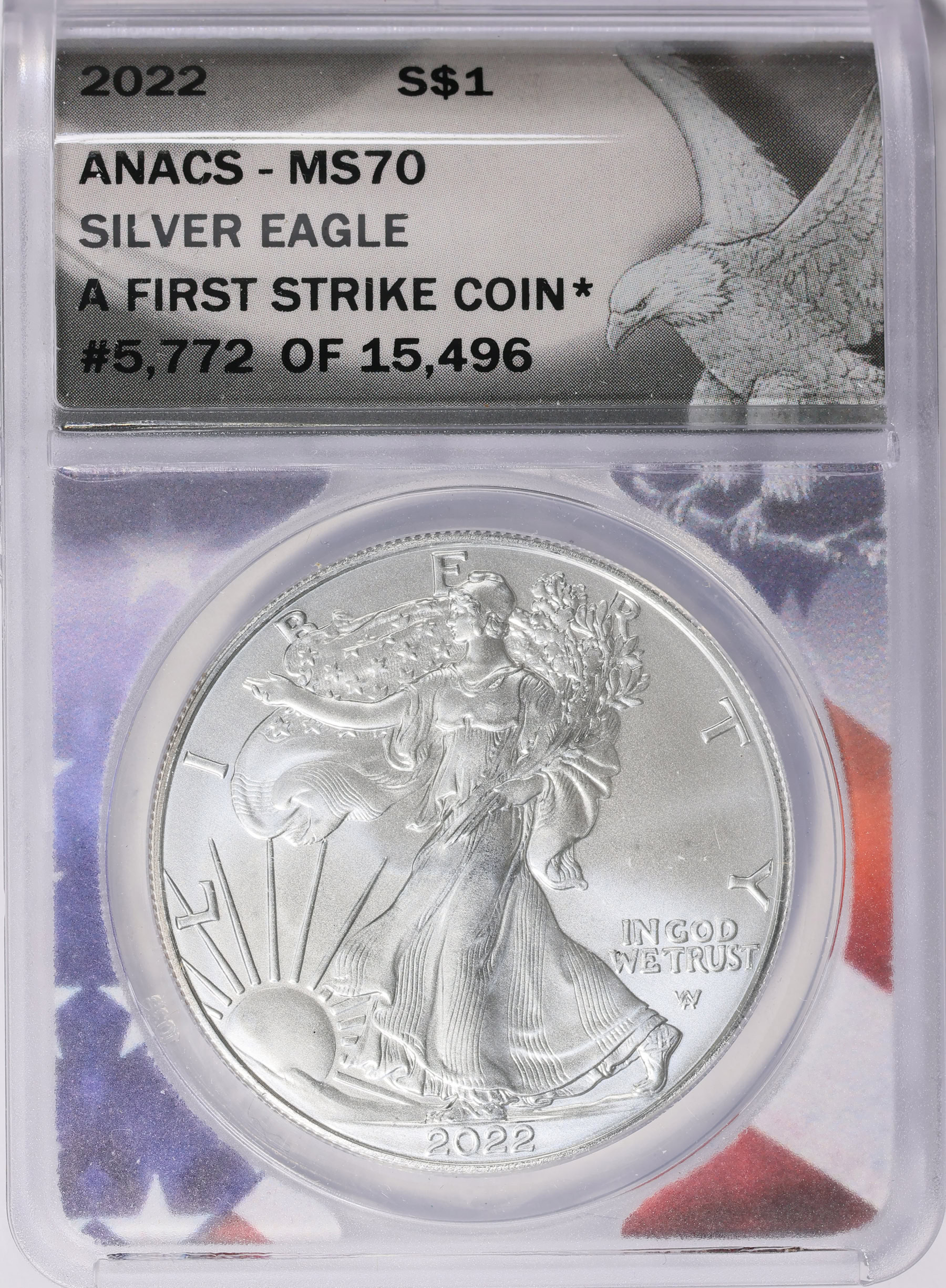 2022 $1 Silver Eagle First Strike ANACS MS-70 (Flag Frame Holder