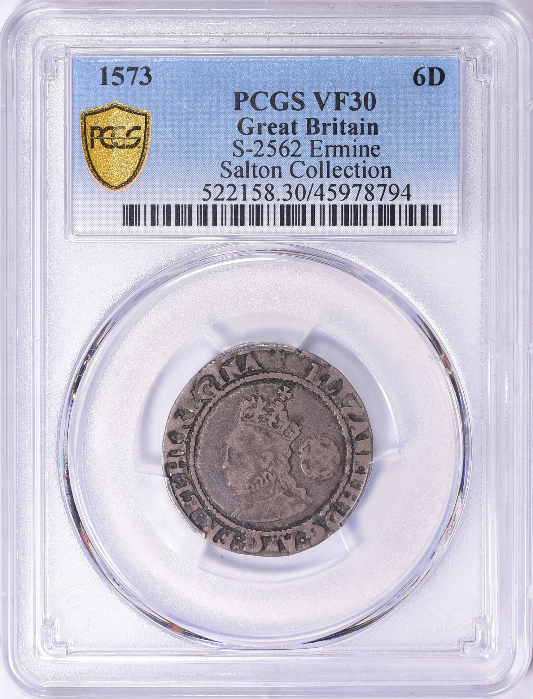 Great Britain 1573 Silver 6 Pence of Elizabeth I S-2562 PCGS VF-30 (Ex ...