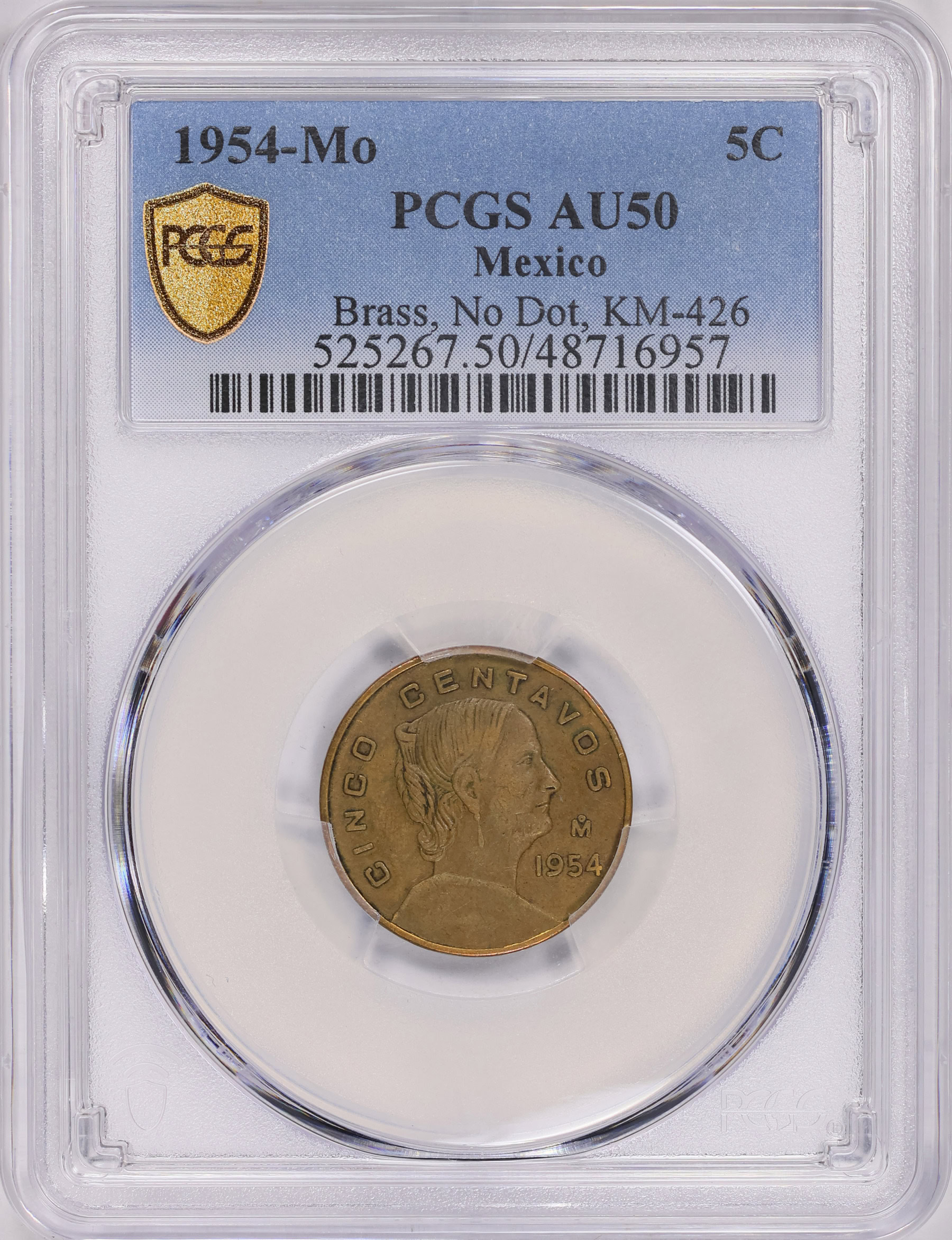 Mexico 1954-Mo 5 Centavos Brass, No Dot KM-426 PCGS AU-50 (Item