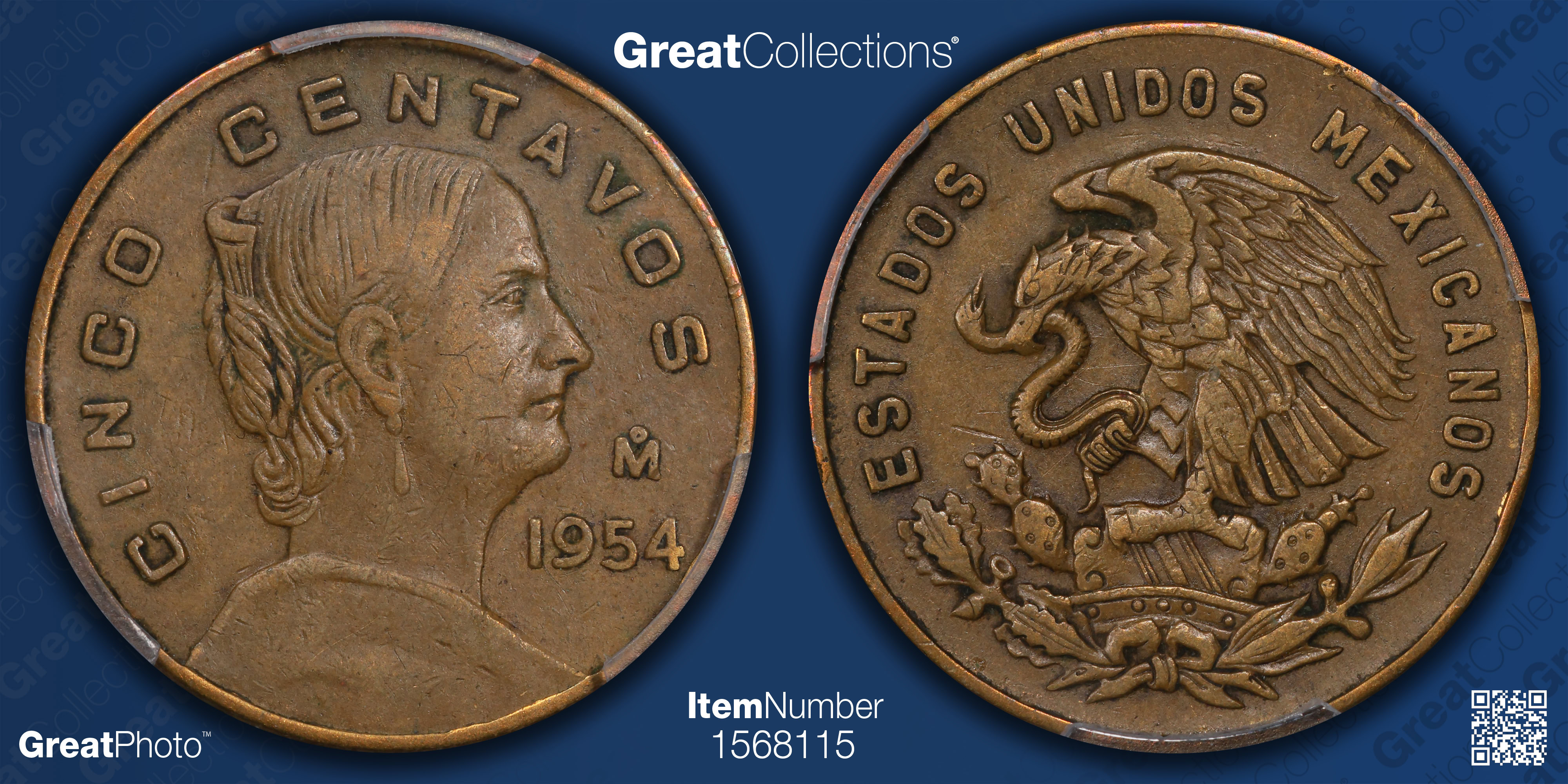 Mexico 1954-Mo 5 Centavos Brass, No Dot KM-426 PCGS AU-50 (Item